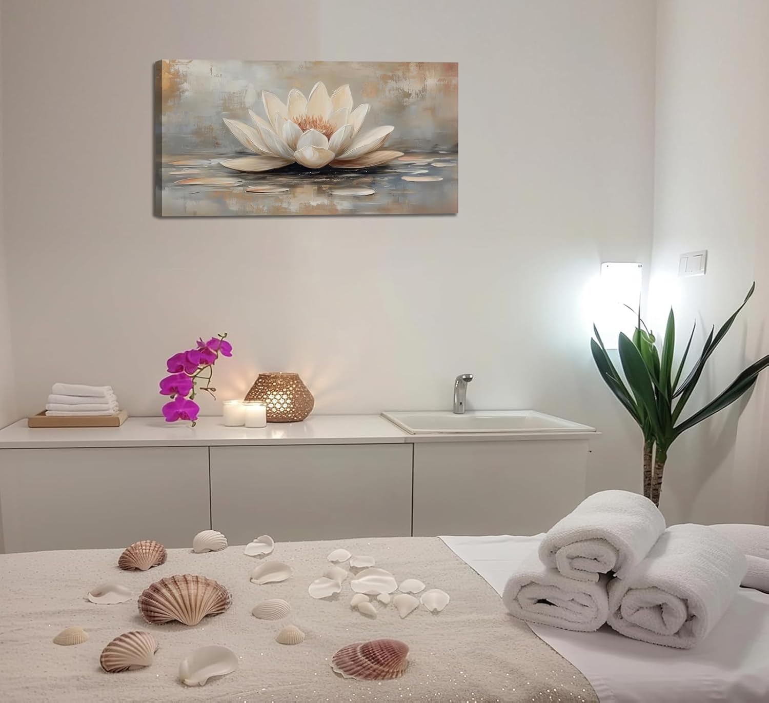Zen Canvas Wall Art White Lotus Floral Bloom In Water Picture Wall Decor Lotus Poster Print Artwork for Yoga Spa Meditation Spiritual Room Bathroom Living Room Office 16x32in