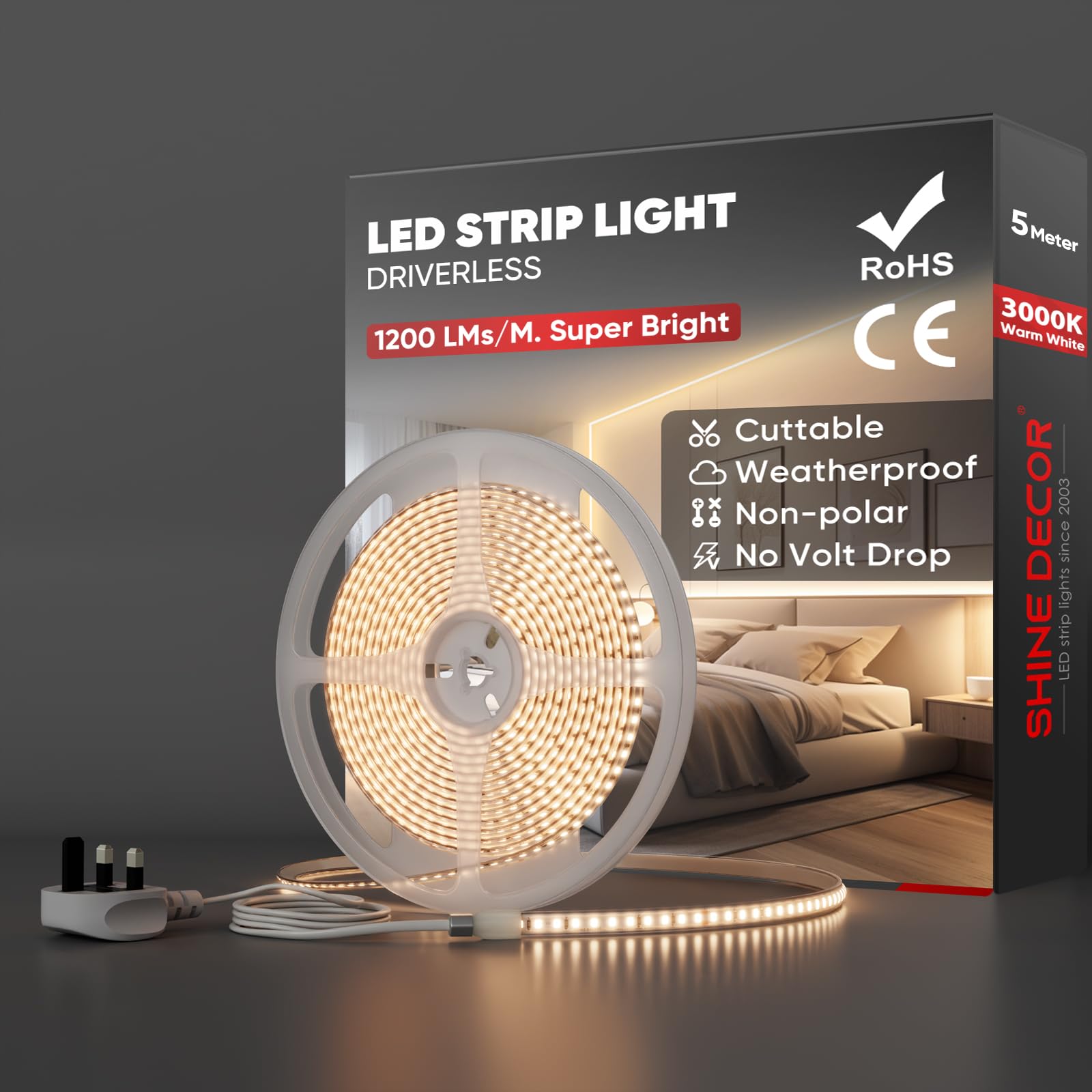 Shine Decor 5m LED Strip Light, AC 220V 230V, IP65 Waterproof, SMD 2835, 120 LEDs/m, Ultra-Bright with UK Plug for Living Room, Kitchen, Wardrobe, Corridors and Garden (Warm White, CE Certified)