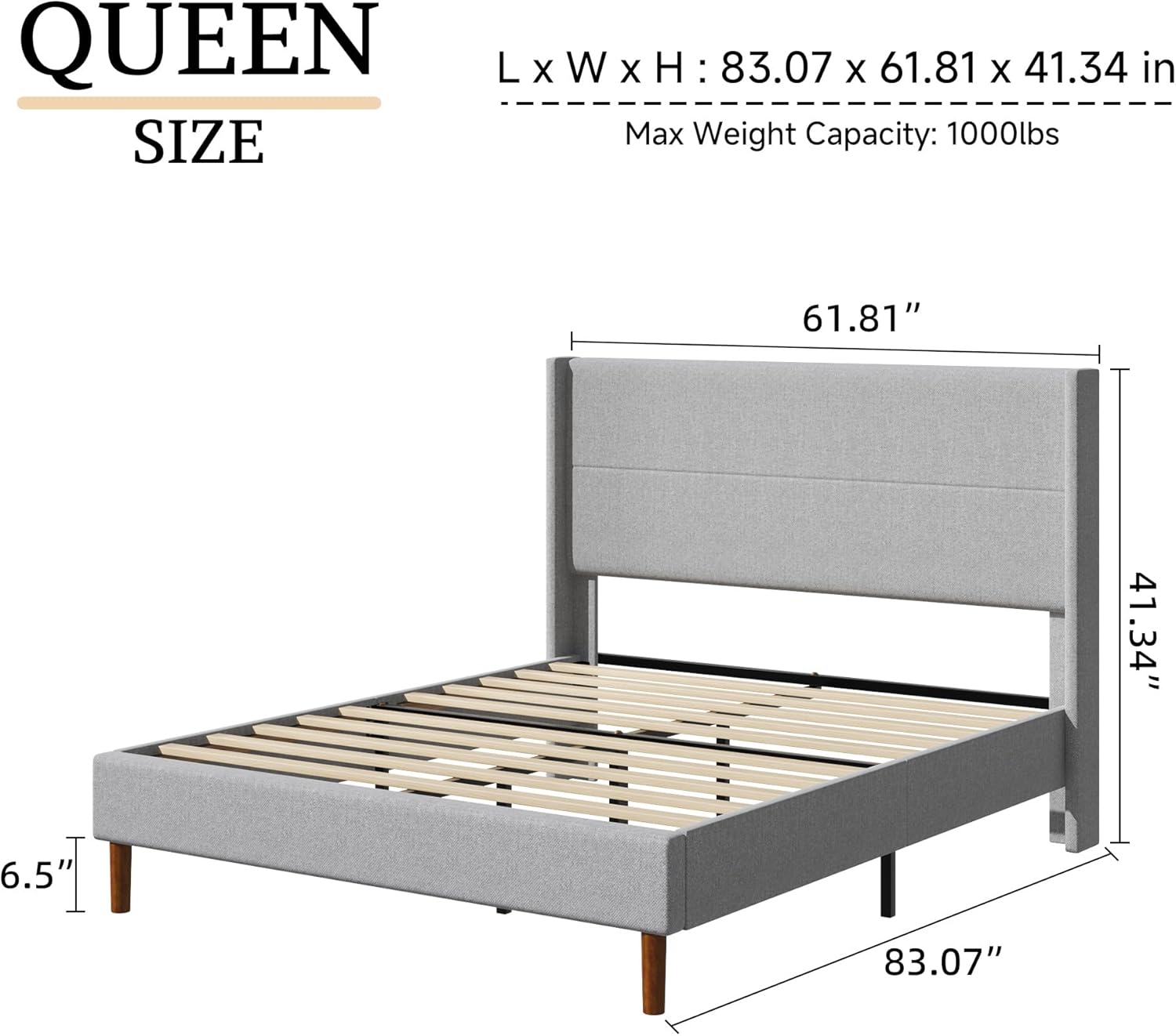 Queen Size Bed Frame, Linen Upholstered Platform with Wingback Headboard, Wooden Slats Support, No Box Spring Needed, Easy Assembly, Lightgrey