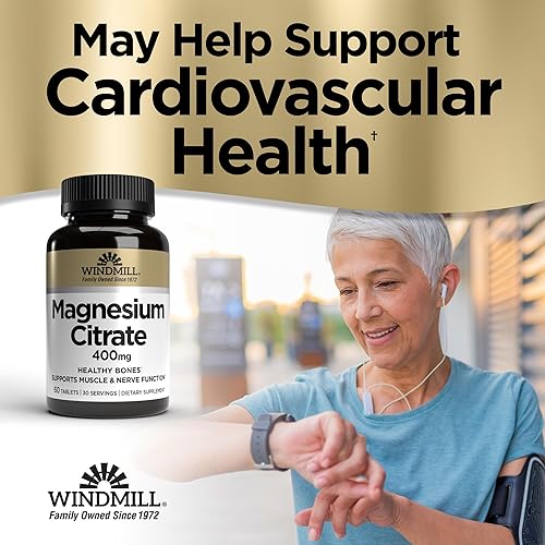 Miniatura 3 de Windmill Vitaminas naturales citrato de magnesio 400 mg, apoyo inmunológico, apoya la recuperación muscular, apoya la salud del corazón, 60