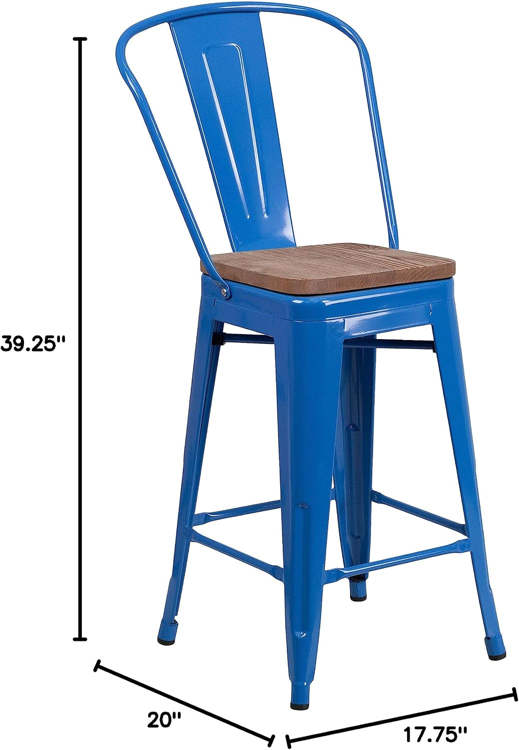 Taylor + Logan 24 Inch High Metal Counter Height Stool with Back and Wood Seat, Set of 4, Blue