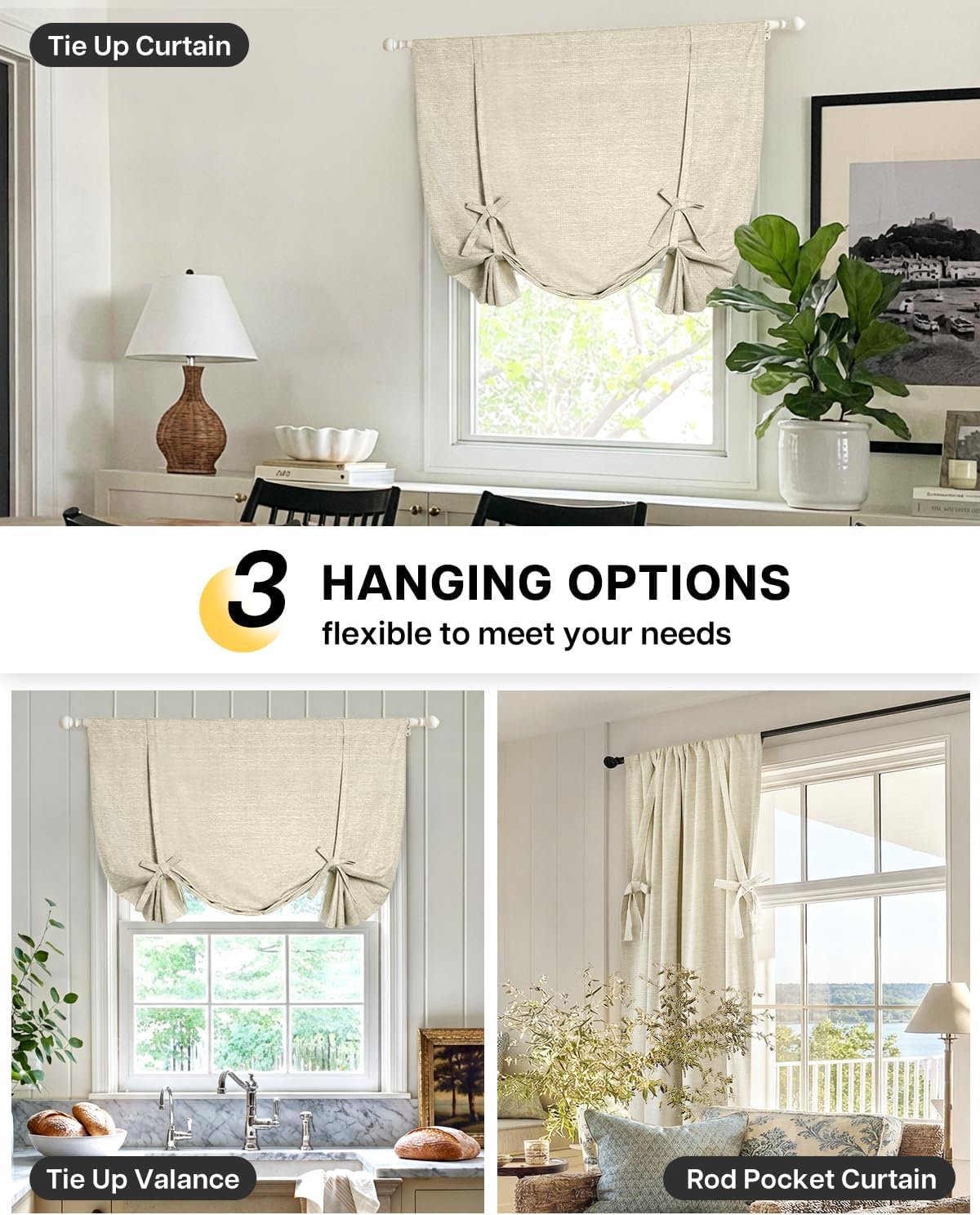 LazBlinds Tie Up Curtains, Linen Blackout Thermal Insulated Balloon Roman Shade Bathroom Window Curtain, Adjustable Rod Pocket Drape for Kitchen, Living Room, Bedroom (46" W x 63" L, Natural)