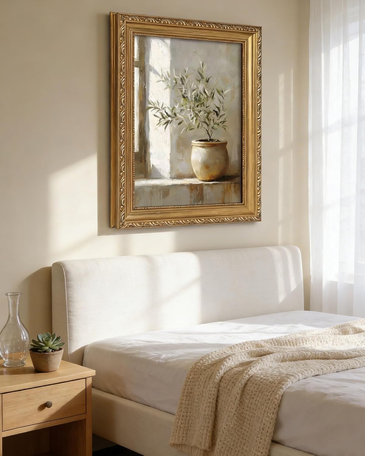 Vintage Gold Framed Wall Art Rustic Olive Branch Still Life Canvas Prints Farmhouse Neutral Potted Plant Paintings Prints for Living Room Bedroom Kitchen 12x16 inch