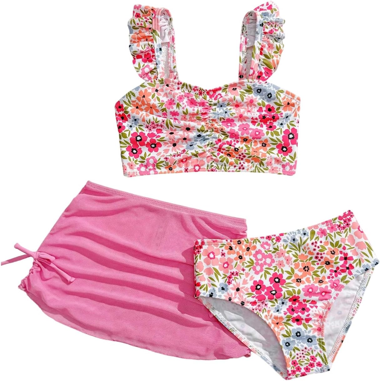 GORGLITTER Girl's 3 Piece Floral Swimsuits Ruffle Trim Ruched Bathing Suits with Sheer Cover Up Skirts