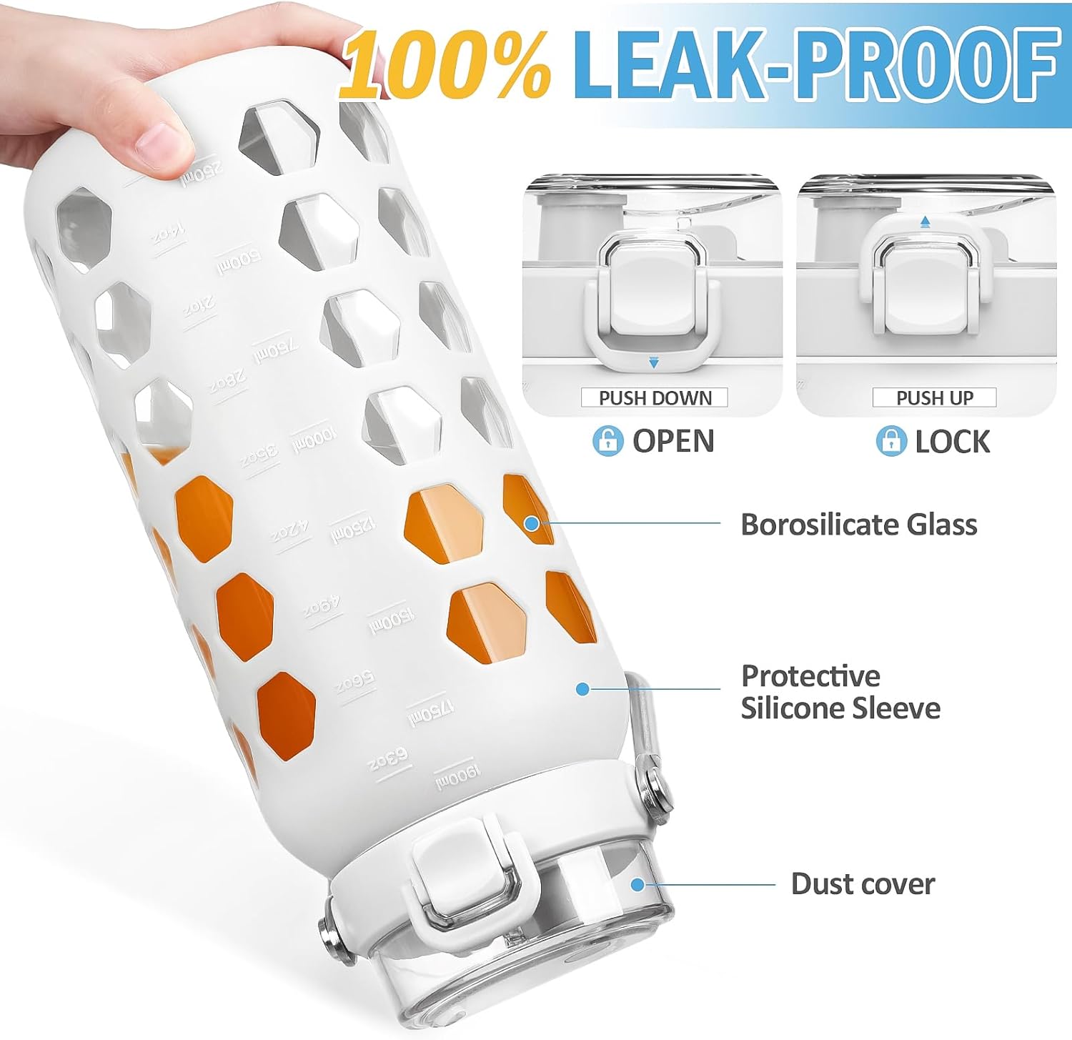 MUKOKO 64oz Glass Water Bottles with Straw and Lid,Half Gallon Water Bottle with Time Marker,Large Glass Water Jug with Silicone Sleeve and Stainless Steel Handle-White - Image 4