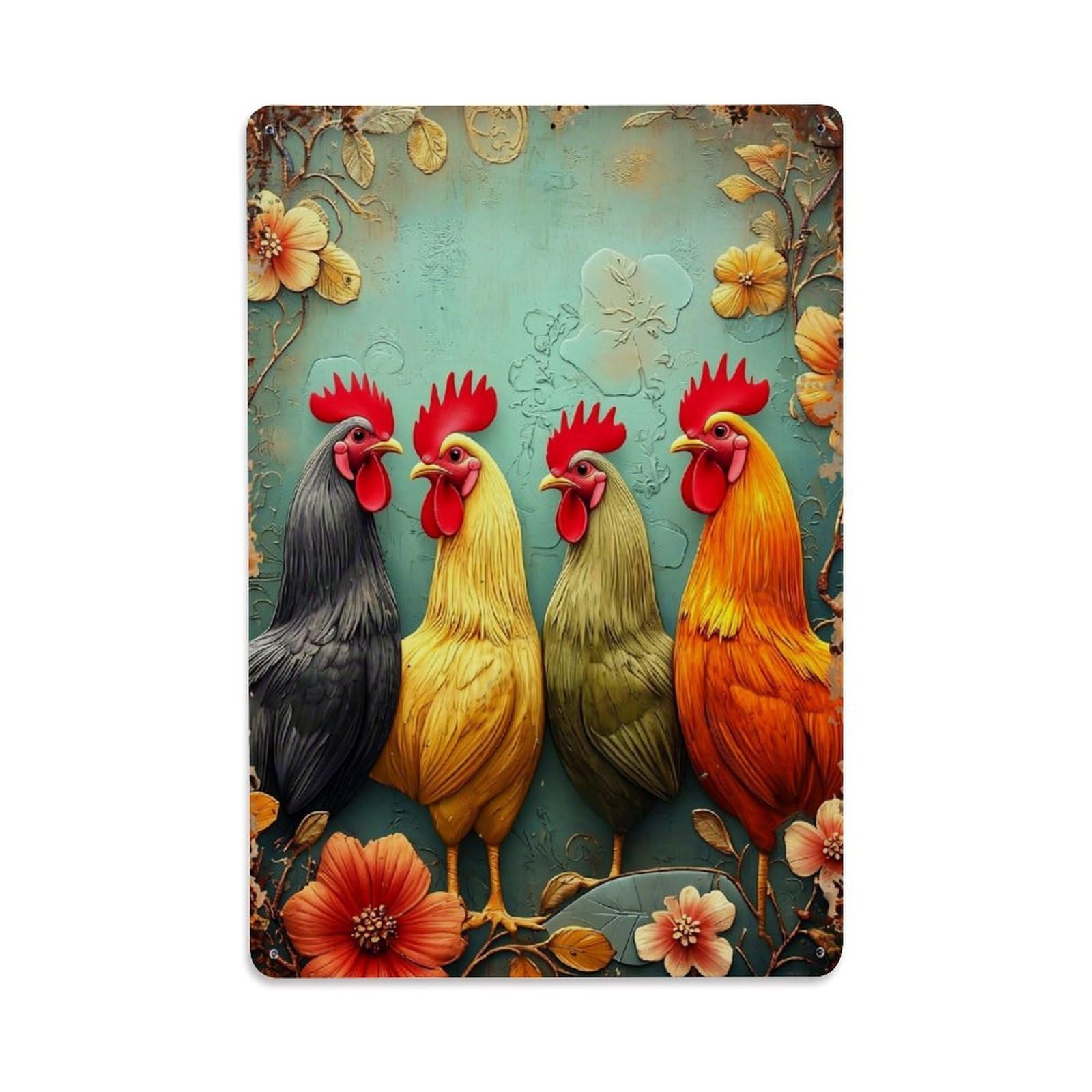 Jdyaojiesheng Vintage Colorful Roosters Floral Background Art Tin Sign Retro Metal Wall Decor Metal Poster, Home Bar Garage Farmhouse Cafe Wall Art Decoration 8X12inches