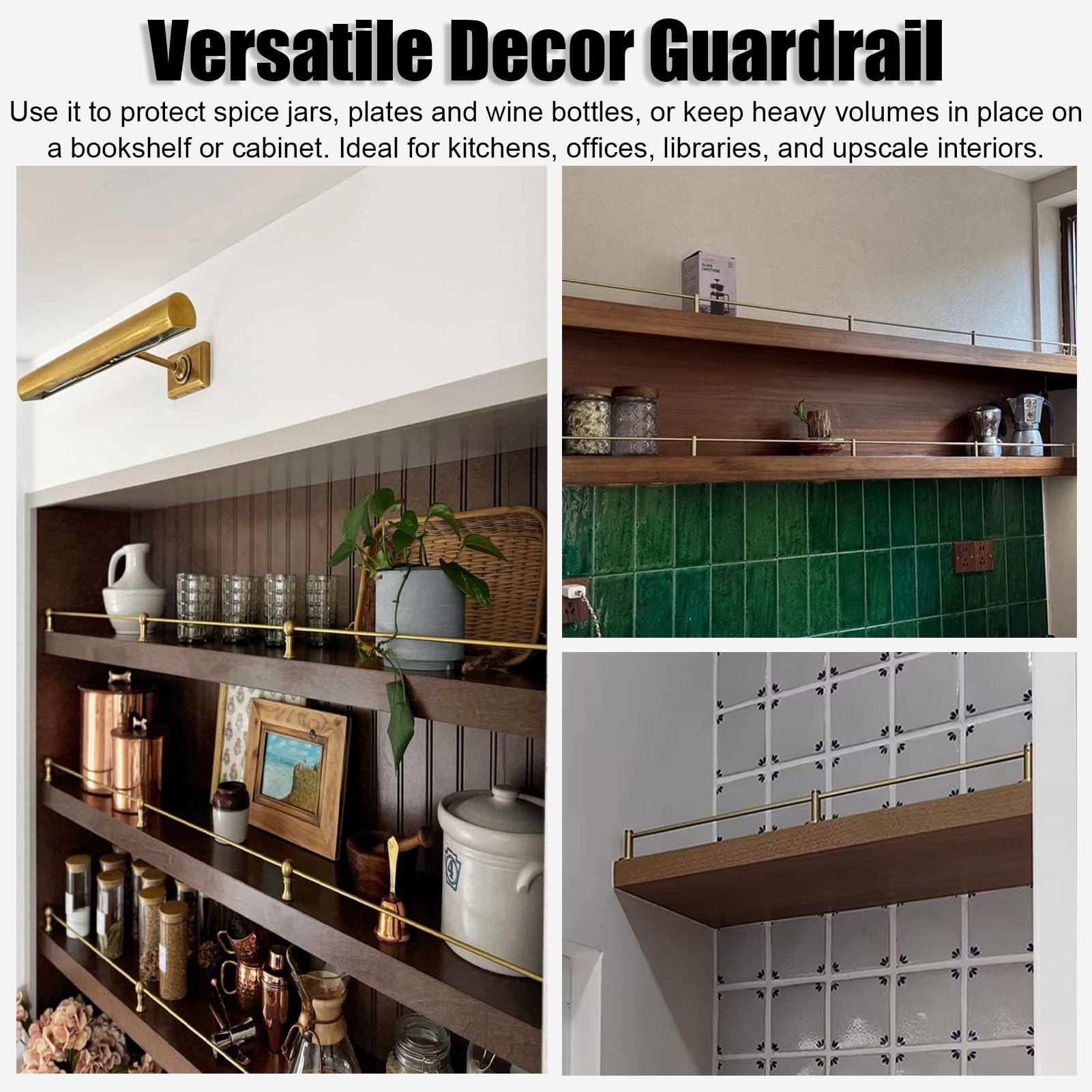 Generico Binari in Ottone Massiccio per Appendere mensole in Legno, ringhiera Decorativa per mobili, Set di binari per mensole con Barra Rotonda Lunga e 3 montanti (Stile A, 36 cm)