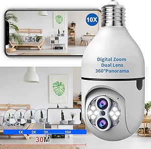 Light Bulb Security Camera, Upgrade 10X Digital Zoom Light Bulb Camera, WiFi Dual Lens Indoor Outdoor Light Socket Security Camera with APP/Color Night Vision/Motion Tracking/Two-Way Audio asin的图片