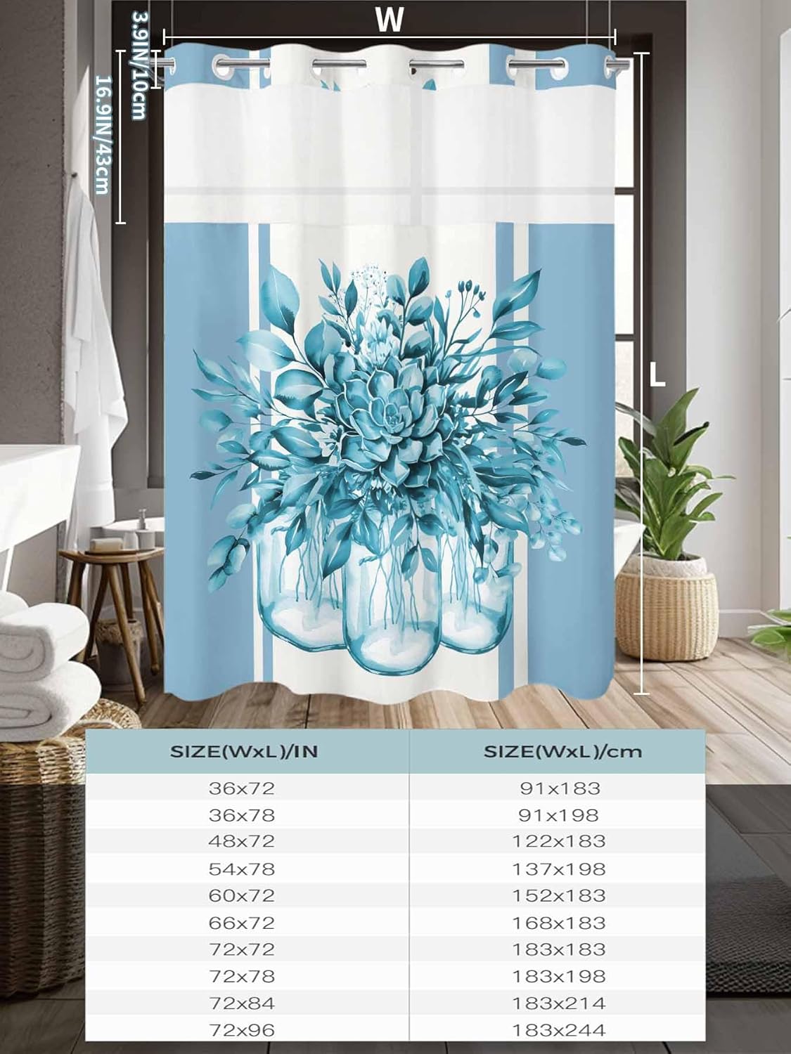 No Hook Shower Curtain and Snap in Liner Set, Bluish Green Eucalyptus Leaves Fabric Bathroom Stall Shower Curtains 48x72, See Through Top Window, Spring Summer Floral Botanical Flowers Hotel Style