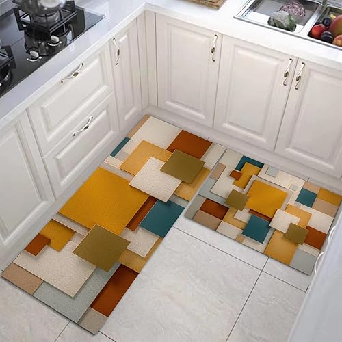 Modern Solid Geometry Kitchen Rug Set 2 Pieces, Non-Slip and