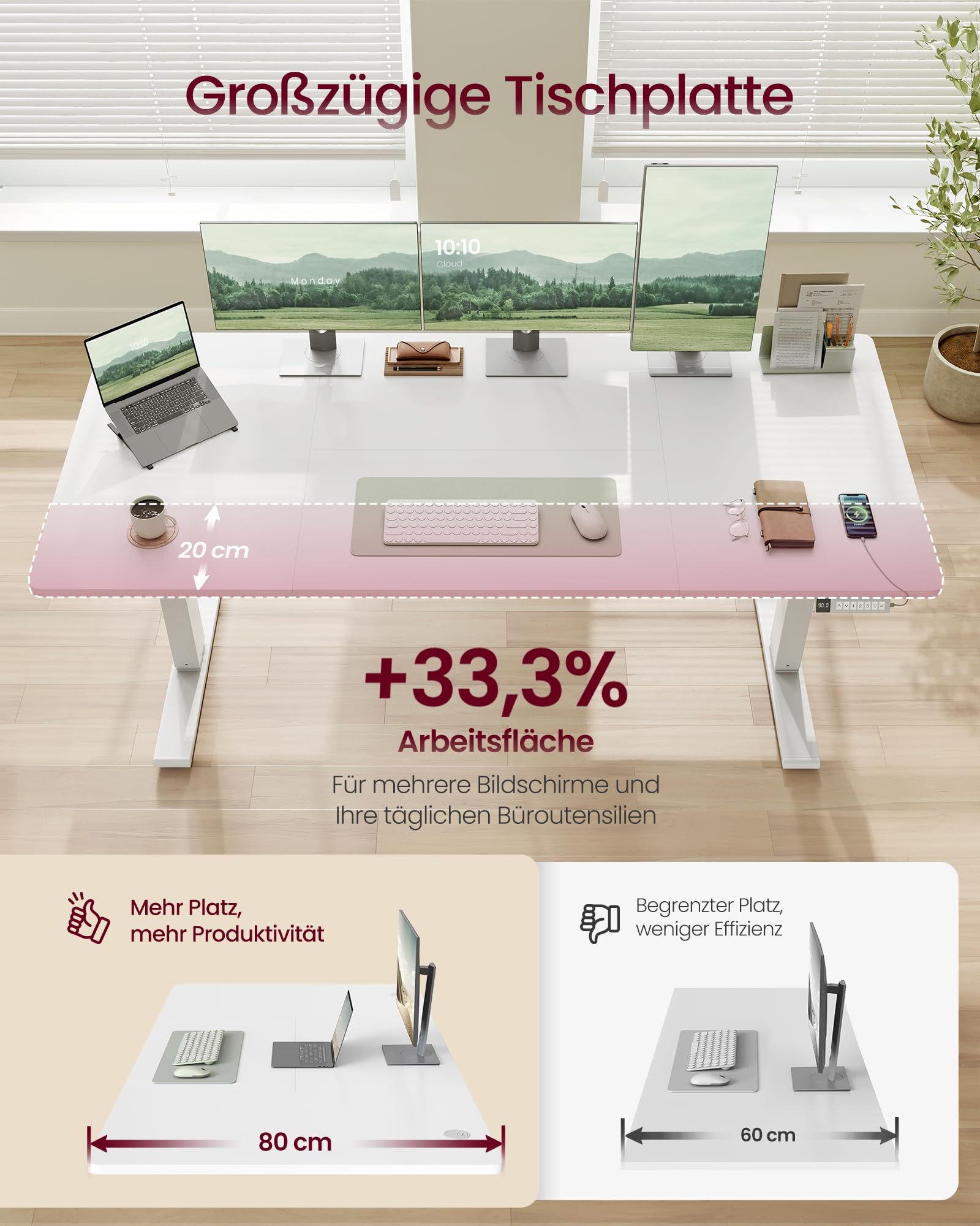 VASAGLE Höhenverstellbarer Schreibtisch, 180 x 80 cm, USB-C-Anschluss, Ablage für Steckdosenleiste, Stehtisch, Erinnerung bei langem Sitzen, 3 Speichertasten, für Büro, mattweiß LSD148WZ02