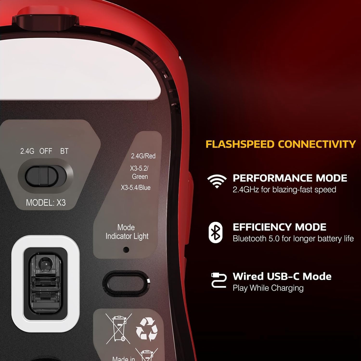 ATTACK SHARK X3 Mouse bottom view showing connectivity options