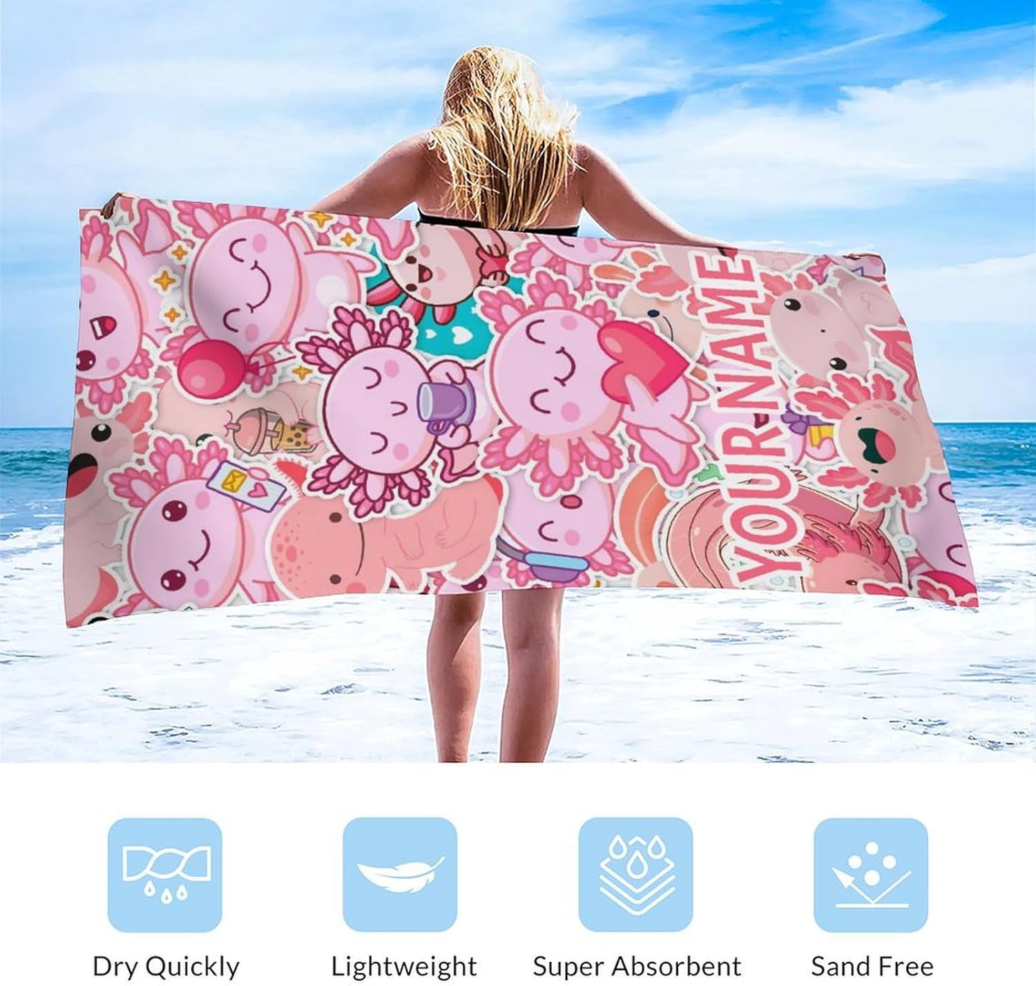 Quick Dry Beach Towel for Adults, Custom Axolotl Towels for Picnic, Camping, 40" x 70" Oversized Microfiber Absorbent Sand Proof