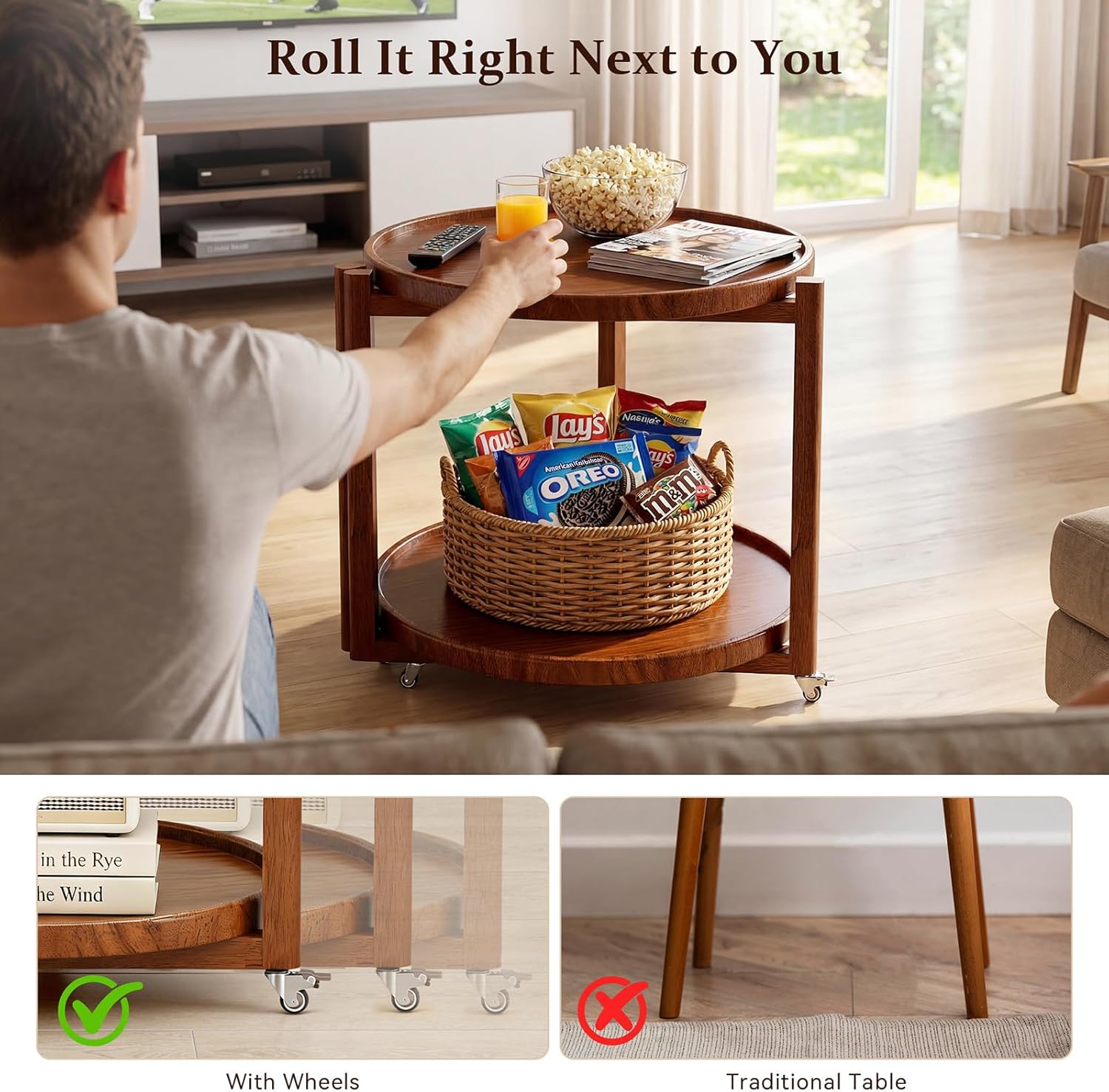 Rolling Side Table with Wheels, 2-Tier Solid Wood Round End Table with Storage Shelf, Mobile Wooden Nightstand for Small Spaces, Living Room & Bedroom, Walnut (21.5-inch)