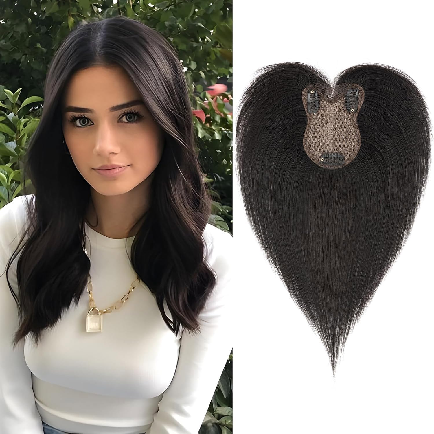 Benehair Haar Topper Damen Echthaar 100% Echtes Remy-Haar Haartopper Echthaar Oberkopf Damen #1B Natürliches Schwarz 21g 27 CM
