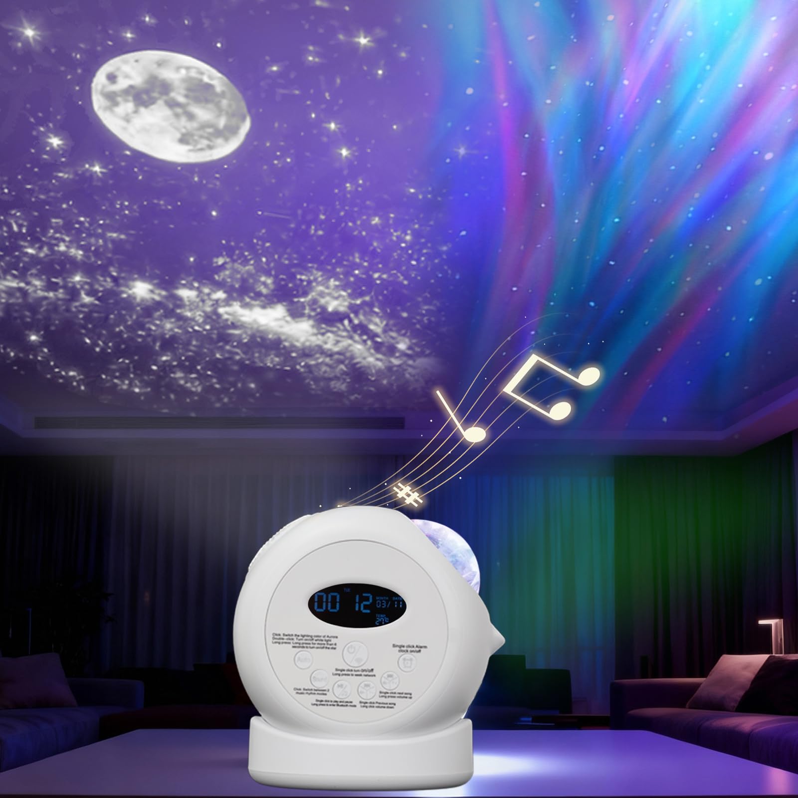Aurora Starlight Sky Projector Night Light Features Bluetooth Music Playback 5 Galaxy Projection Modes Bedroom Nebula Ceiling LED