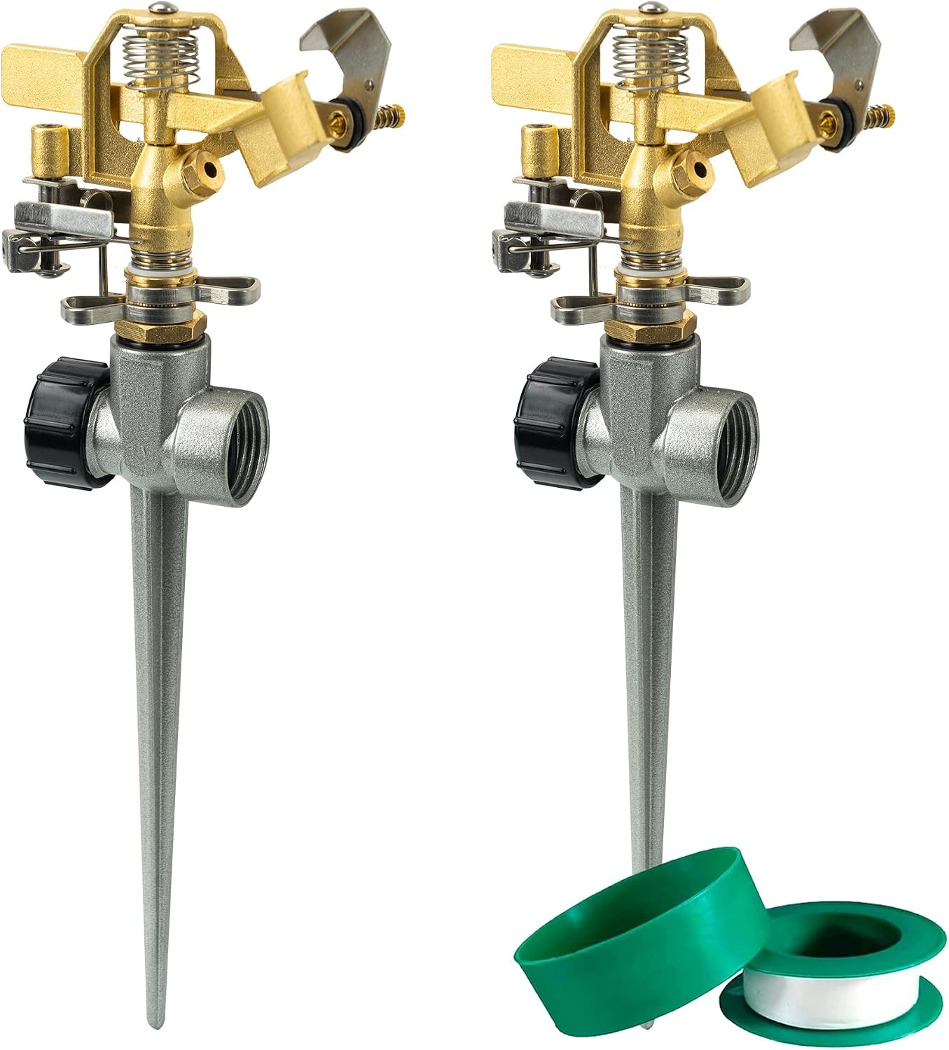 Hourleey 2 Pack Brass Impact Lawn Sprinklers for Yard, Heavy Duty Water Sprinkler Head with Aluminum Alloy Spike Base, Adjustable Pulsating Sprinkler for Large Area Lawn Patio Garden
