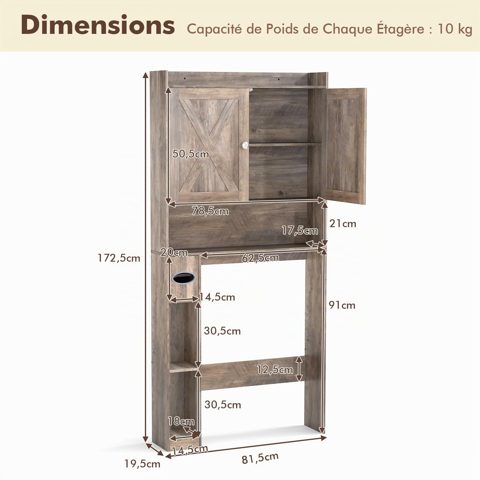 COSTWAY Meuble Toilette Étagère WC, Double Porte, Étagère Réglable, Porte-Papier Toilette, Meuble WC Rangement Gain de Place, 81,5 x 19,5 x 172,5, pour Salle de Bain, Buanderie (Gris Vieilli)