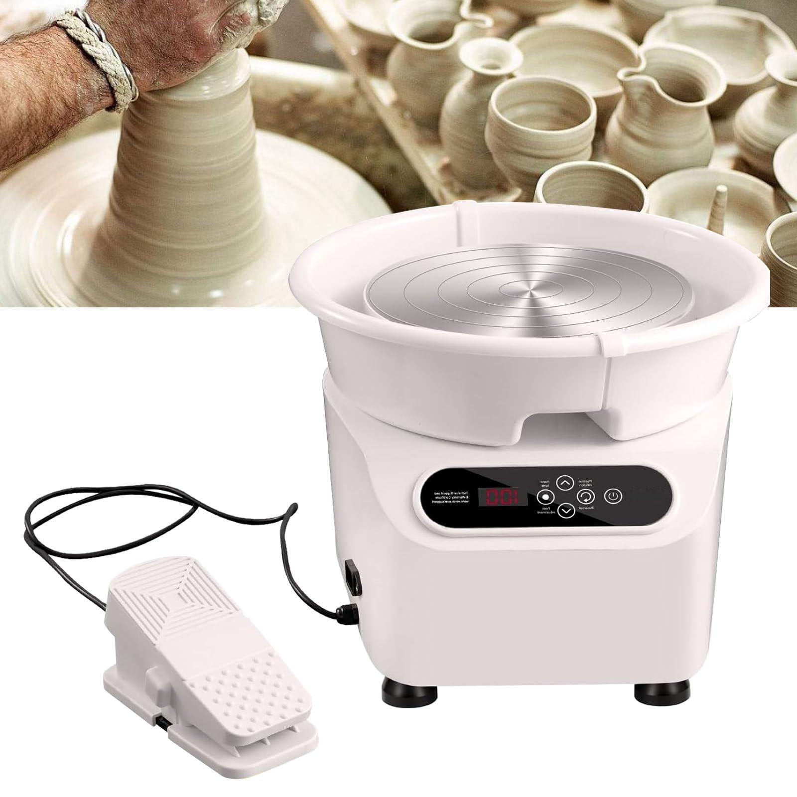 Torno de alfarería de 25 cm, Torno eléctrico de 350 W con Pantalla táctil LCD y Pedal, máquina para modelar Arcilla, Kit de 16 Accesorios, Color Blancos. (White)