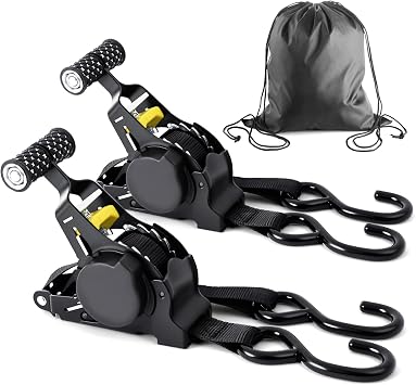 Retractable Ratchet Tie Down Straps 2PCS - 680kg Max Break Strength, Heavy Duty Tie Down Strap, 2.5 cm x 3.3 m Straps with Ergonomic Handles for Motorcycles Car Trailer Household