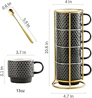 Vista 4 de Juego de 4 Tazas de Café Gomakren, Juego de Tazas de Café Apilables de 13 Onzas con Soporte, Taza de Café de Navidad de Gres con Cuchara para Café