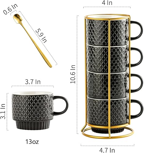 Miniatura 4 de Gomakren Juego de 4 tazas de café apilables de 13 onzas con soporte, taza de café de gres de Navidad con cuchara para café, leche, té, cacao, negro