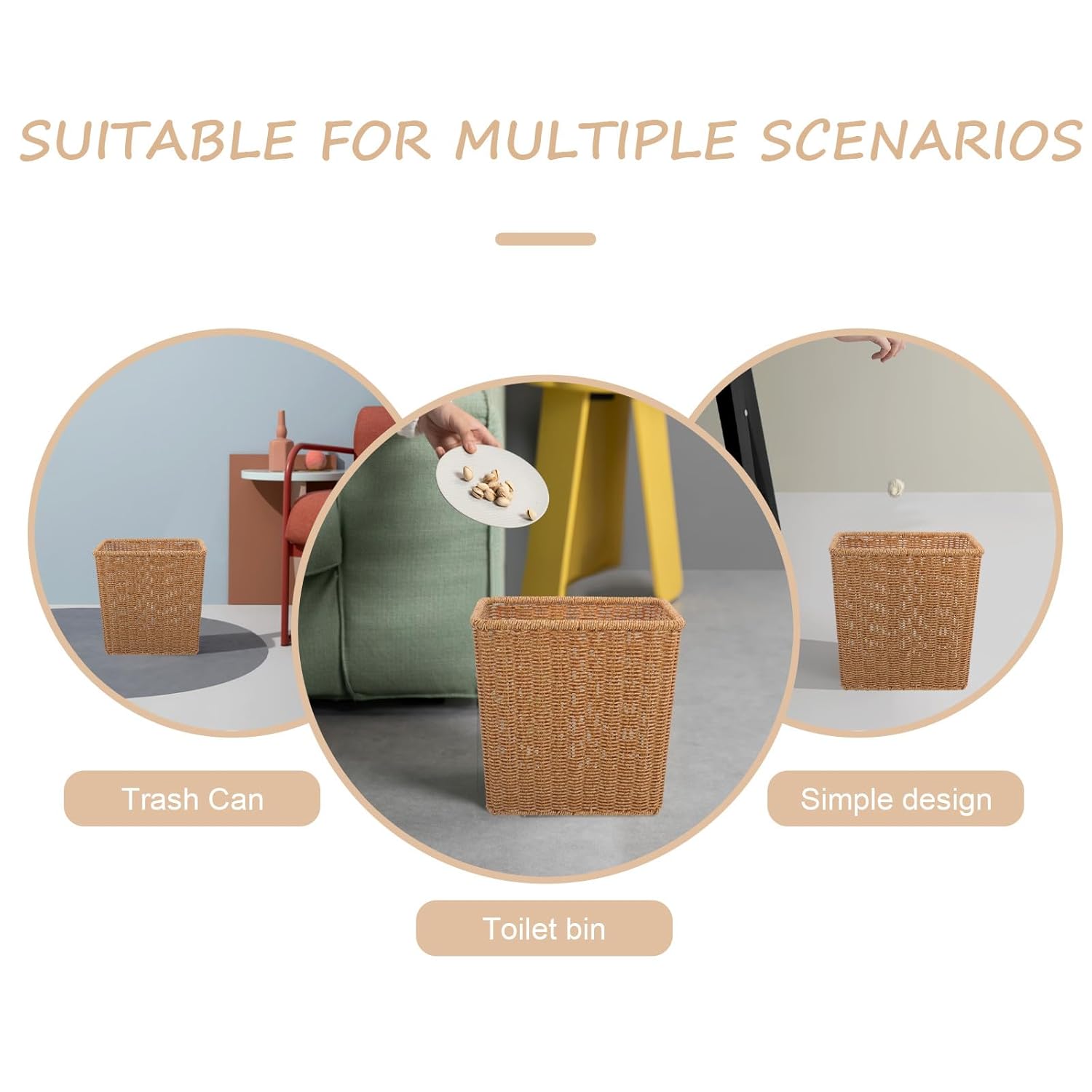 Narrow Slot Wastebasket Woven Trash Basket for Bathroom and Kitchen, Flat Design Garbage Bin Without Lid, Multipurpose Storage Basket for Home Organization
