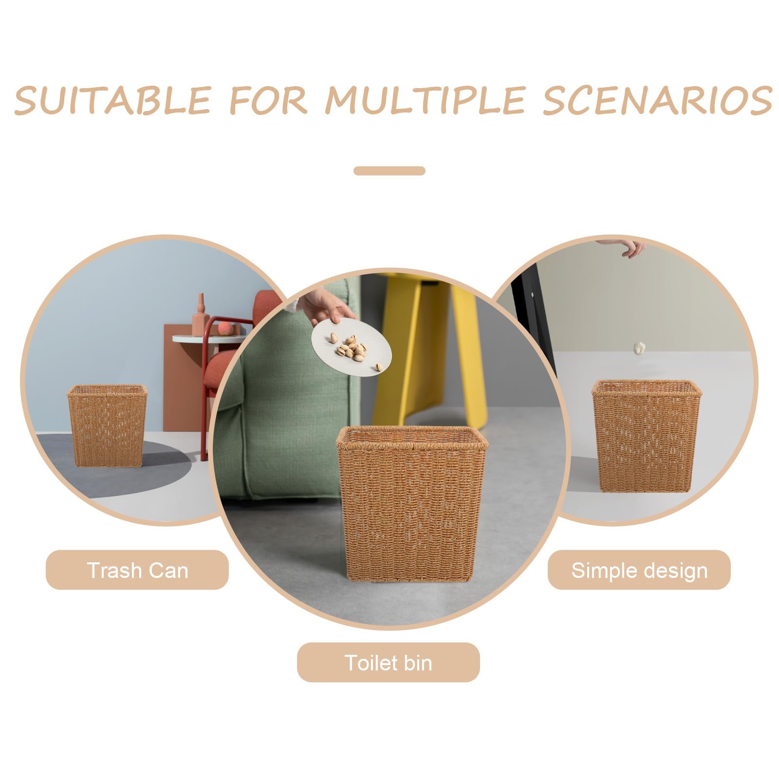 Cesta Mimbre Tapa Multifunción Ligera de Plástico Estilo Rústico para Almacenamiento y Basura Pequeña en Dormitorio o Baño