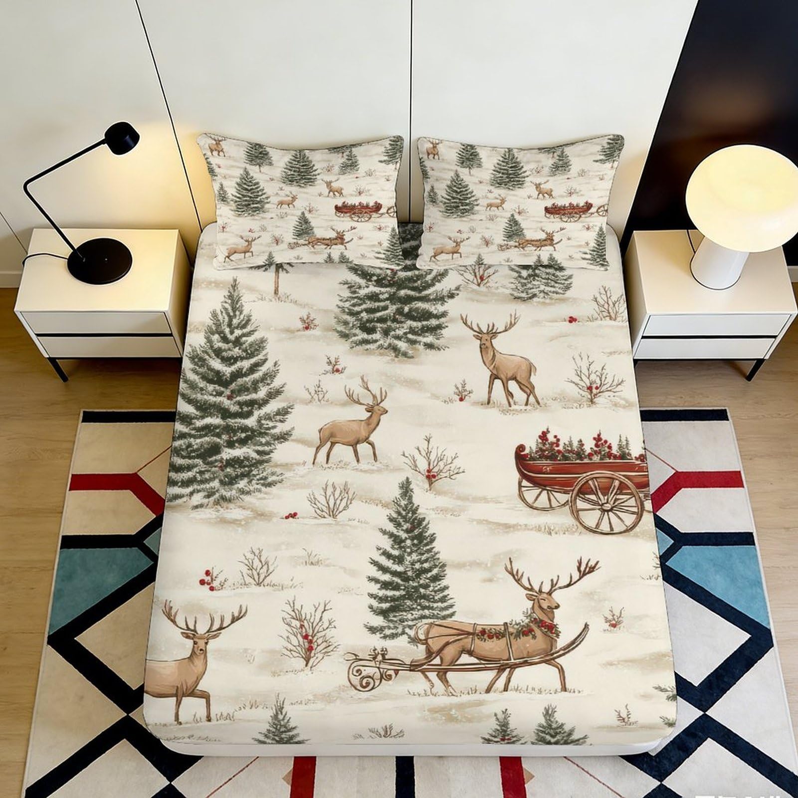 3D Printed Snow Forest Deer Fitted Sheet Microfiber Non-Slip Deep Pocket Snow Scene Mattress Fitted Cover Washable Bedroom Bedding 140x200x25cm