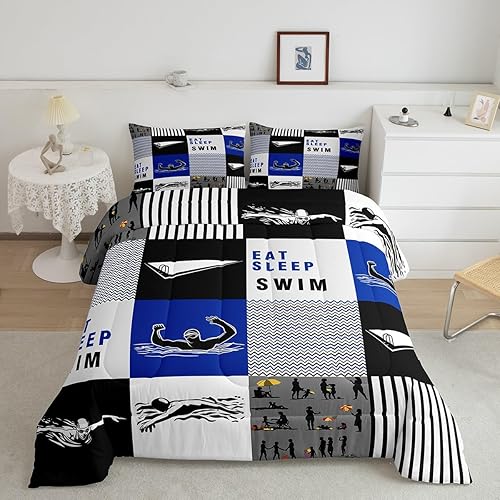 Miniatura 2 de Eat Sleep - Juego de edredón de natación para niños y niñas, ropa de cama temática de natación, juego de cama de natación, juego de deportes