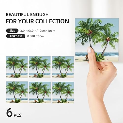 Miniatura 3 de Juego de 6 posavasos de cerámica con soporte de metal, palmera tropical de cerámica para bebidas, protección de mesa, tapete para bar, decoración de