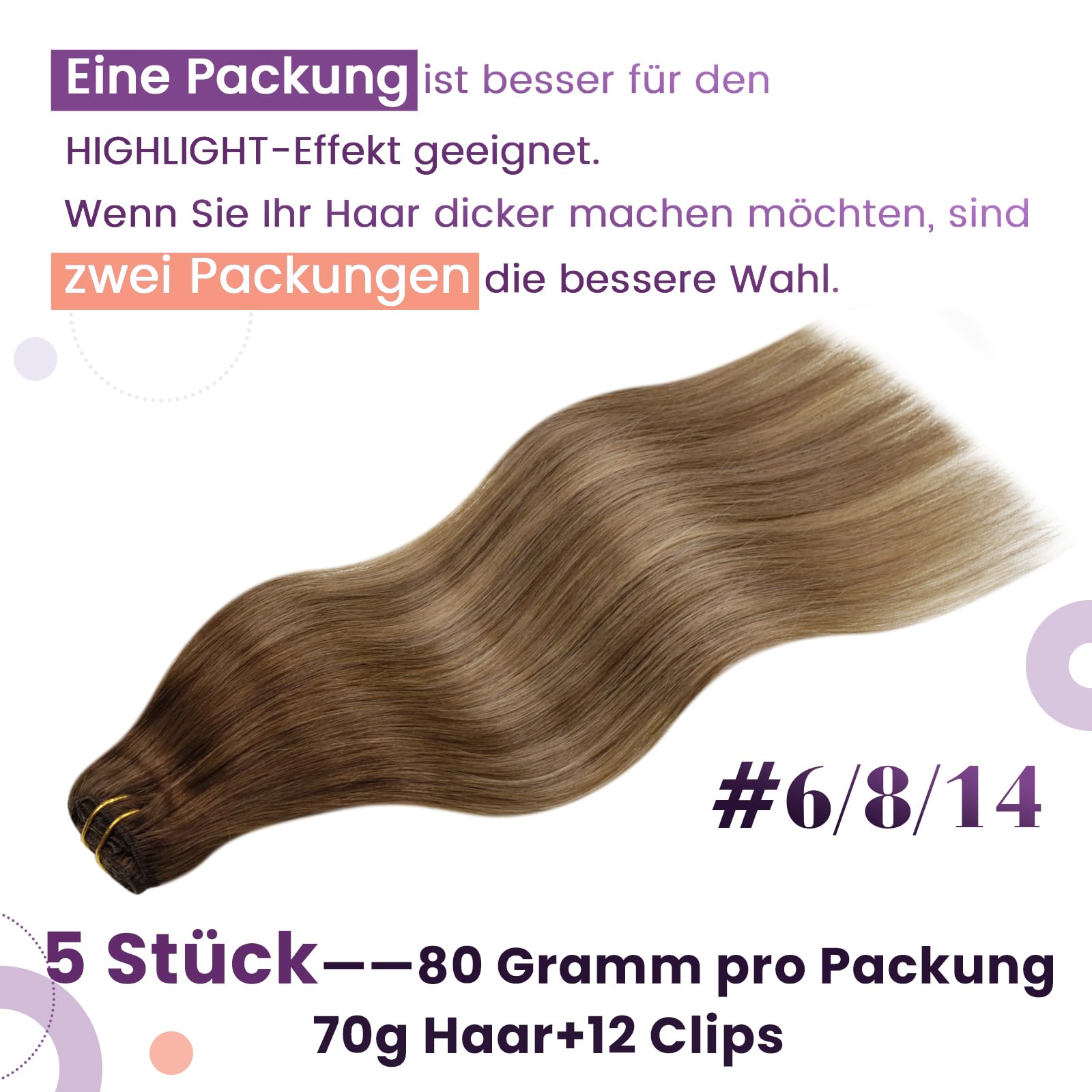 LaaVoo Echthaar Extensions Clip in Aschiges Hellbraun mit Beigenuancen Remy Menschenhaar 30cm 5pcs 80g #6/8/14