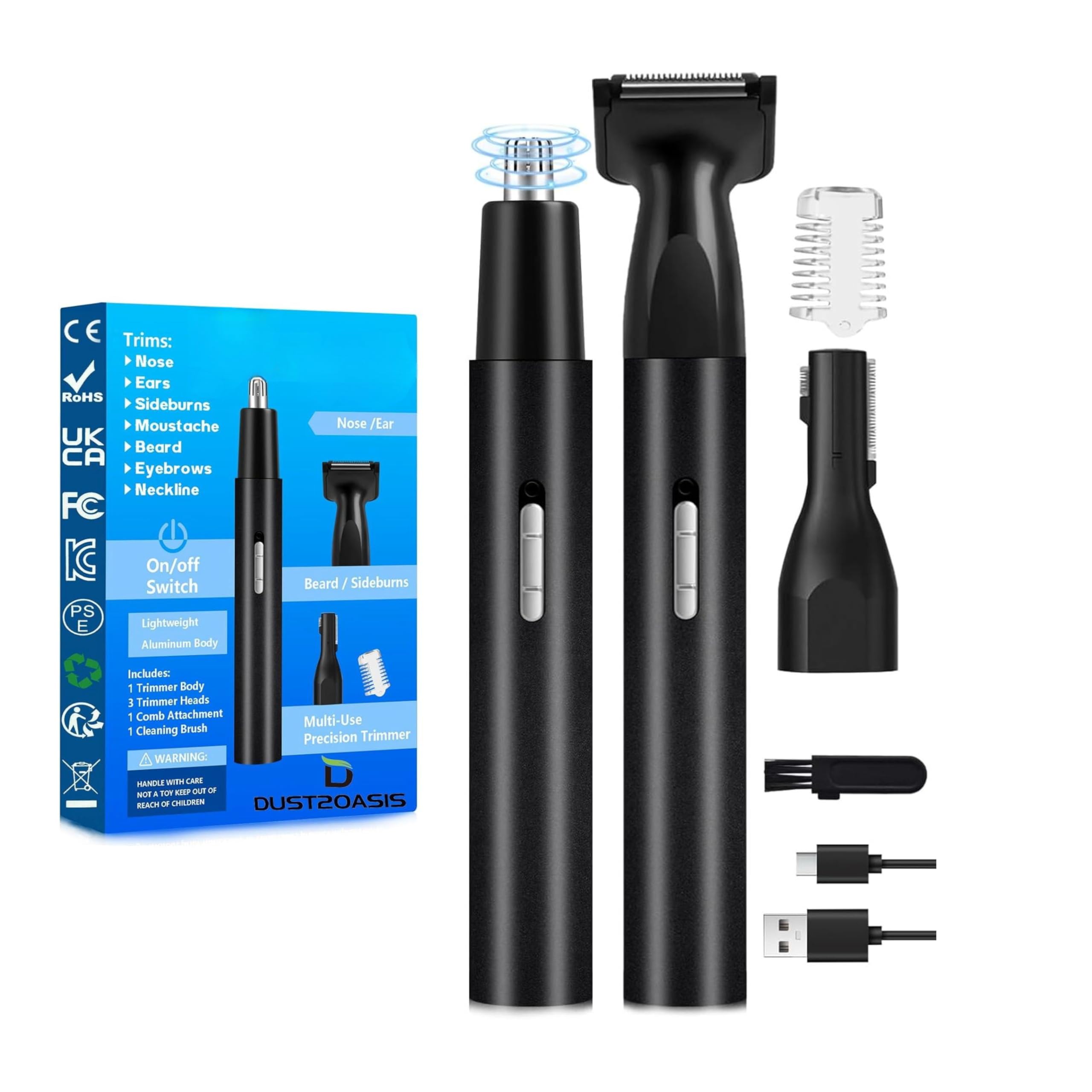 【全身用/3-in-1】鼻毛カッター&顔用トリマー 防水 USB充電式 ステンレス刃 男女兼用 低騒音・無痛設計 電動グルーミングキット (耳毛/眉毛/ヒゲ対応) 水洗い可 ブラック 2025年モデル