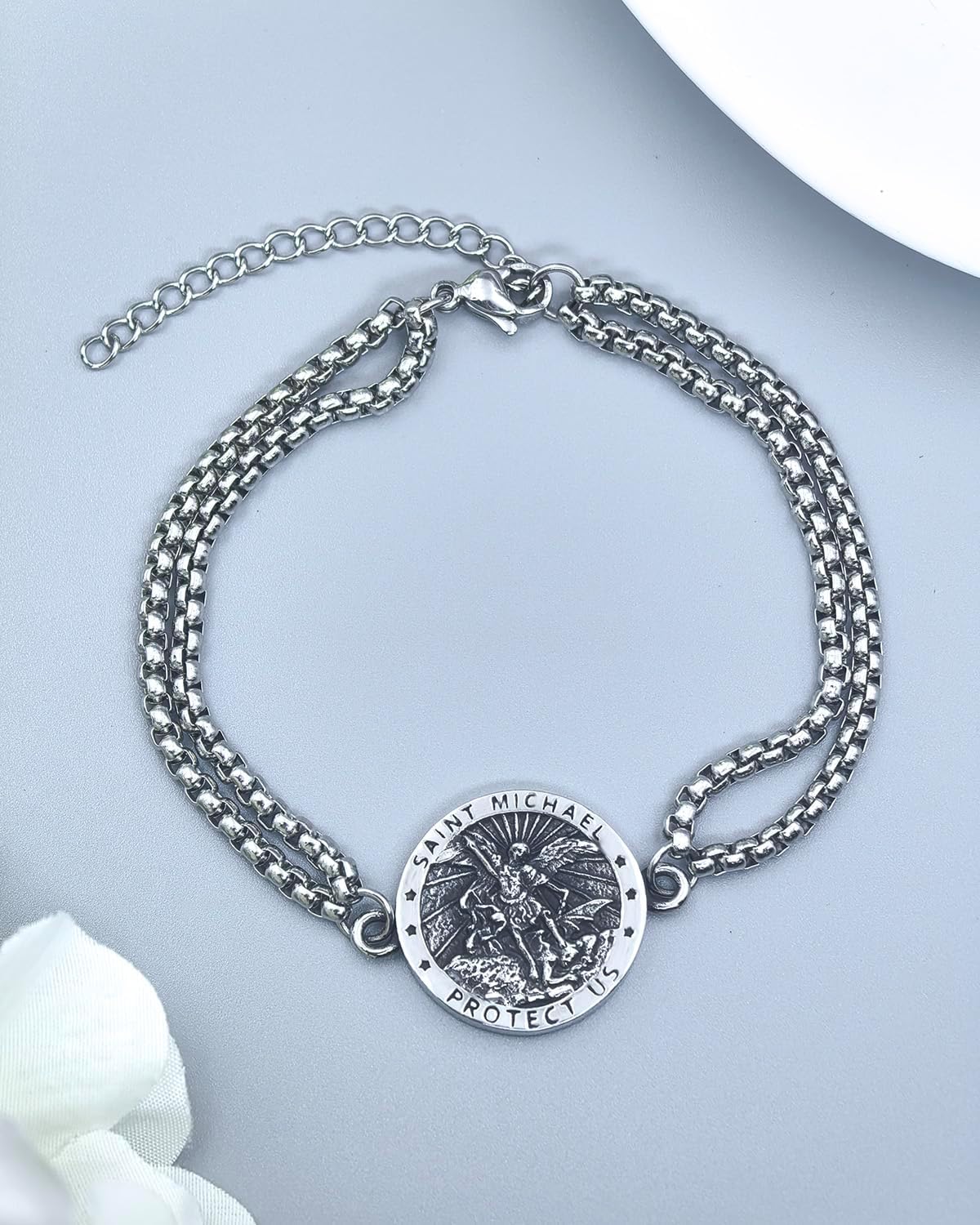 Wasee St Michael Bracelet for Men Adjustable Saint Michael Bracelet Religious Protection Jewelry Amulet Gift for Men Women with 7.5+2 Inch Stainless Steel Chain - Image 4