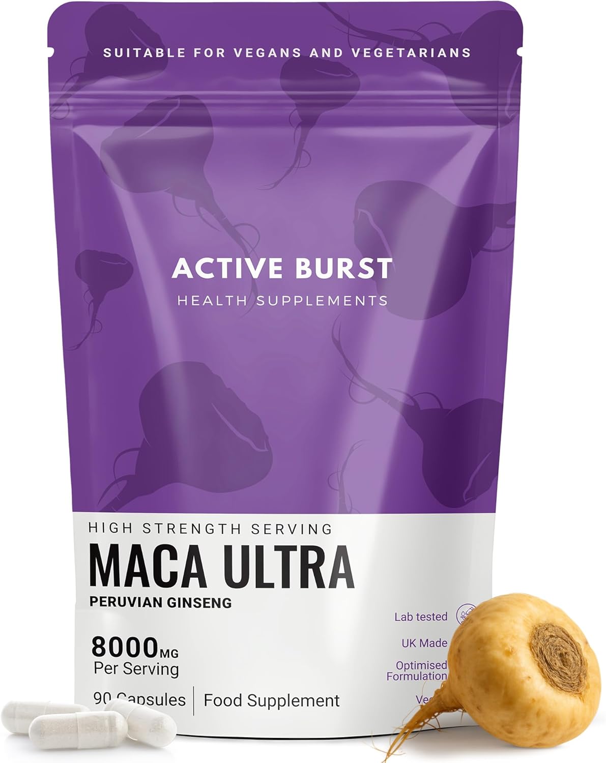 MacaRoot Ultra – Maca Root Capsules 8000mg | Peruvian Ginseng 10:1 Extract | 1.6mg Macamides | Energy, Mood & Hormone Support | Vegan, UK Produced, Lab Tested | 90 Capsules | ActiveBurst Nutrition