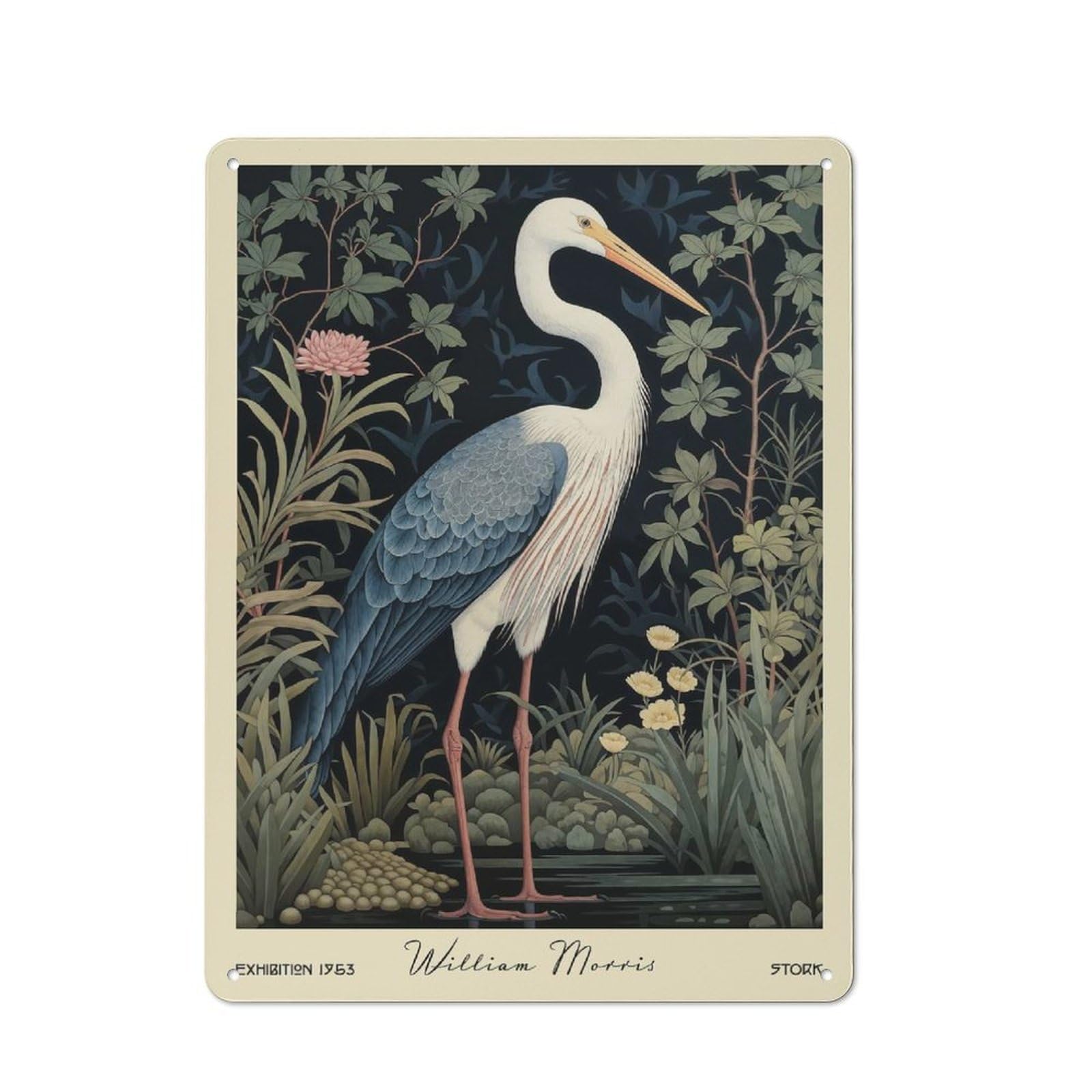 Junmoney Style-4 William Morris Stork Floral Botanical Industrial Metal Wall Decor 40X30cm, Tin Sign For Workshop, Basement, Shed Or Games Room