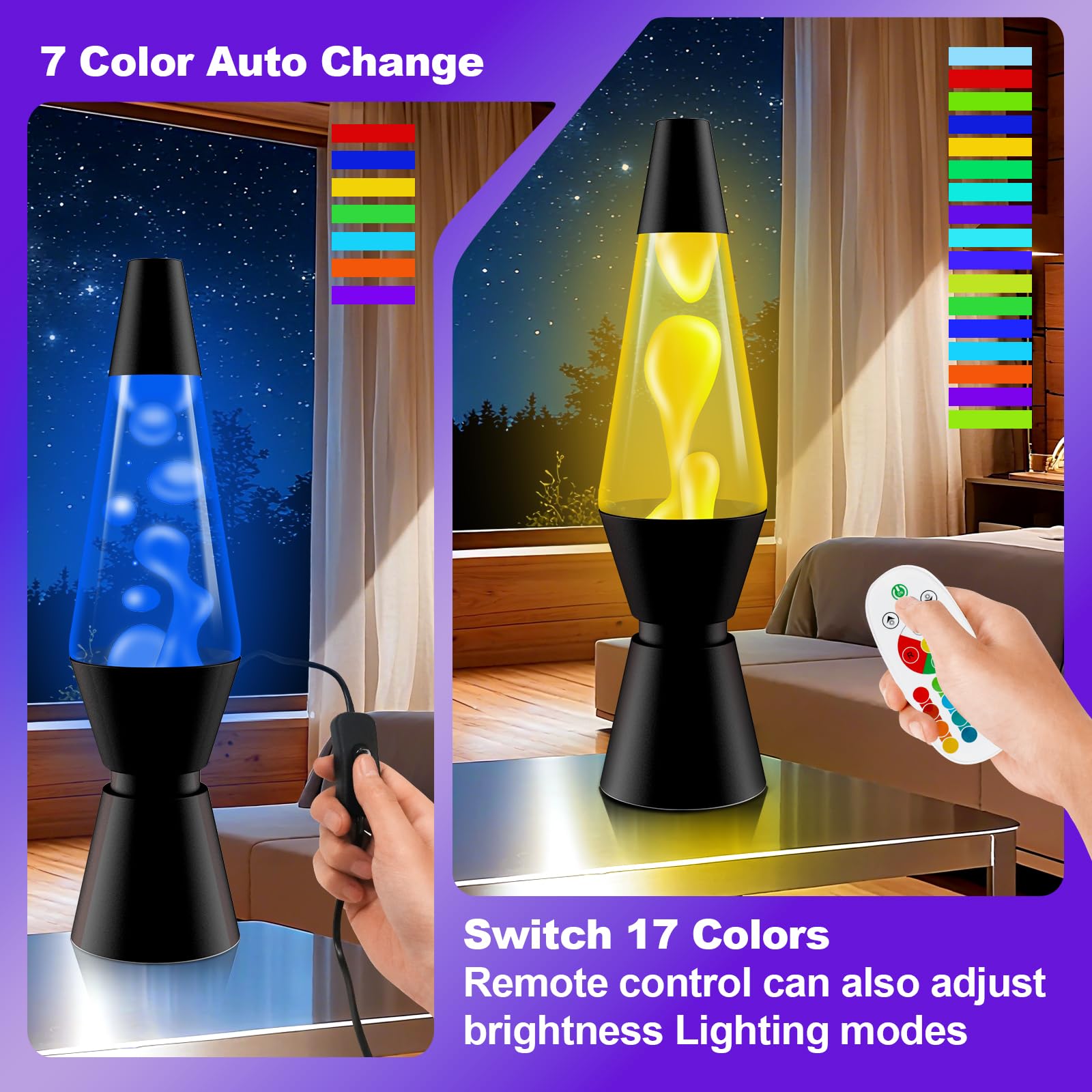 Lampa lawowa z 17 kolorami, lampa LED z mieniącym się płynem i pilotem zdalnego sterowania, lampka nocna dla dzieci i dorosłych, błyszczące światło nastrojowe do salonu, sypialni i biura