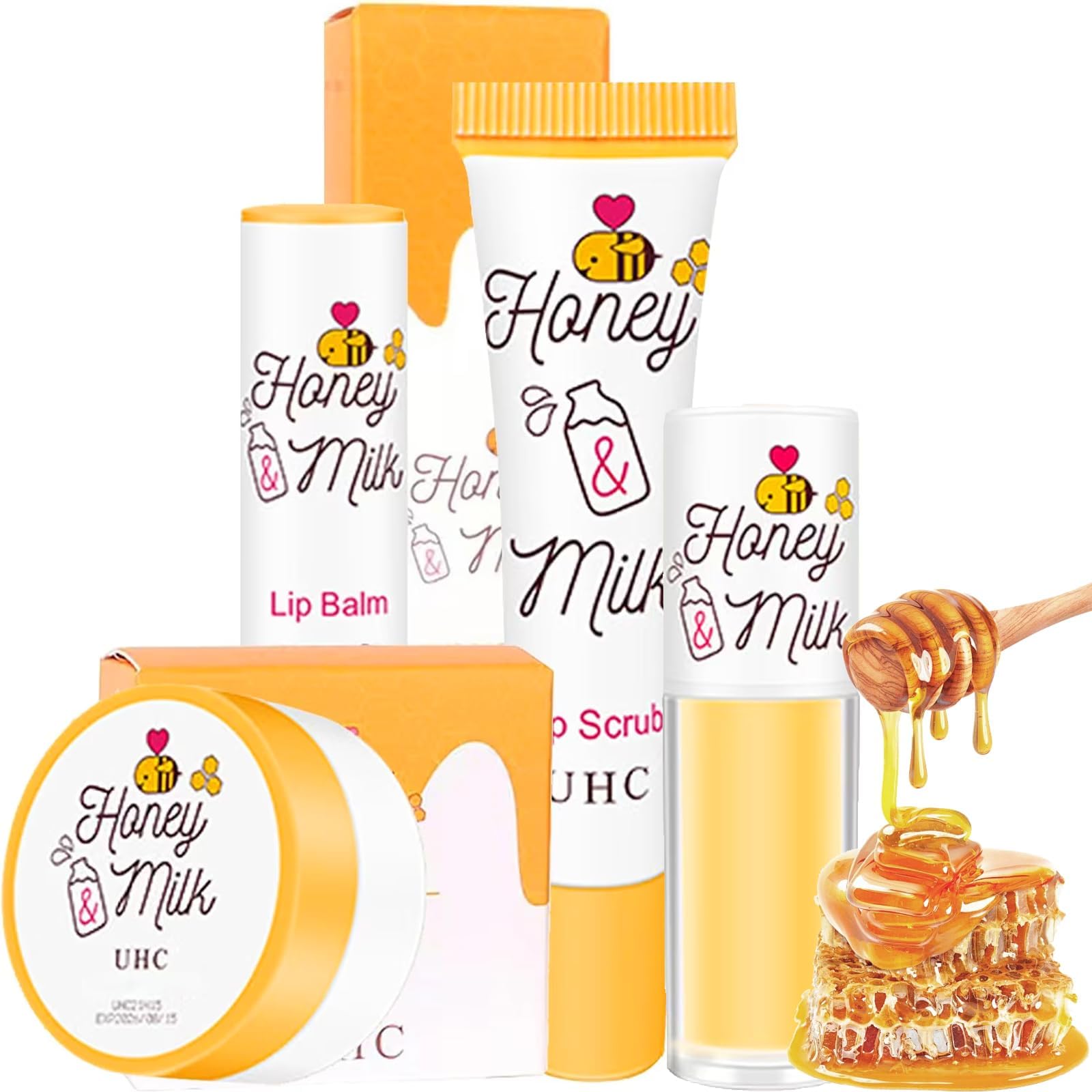 NALACAL4PCS Lip Care Set - Lip Mask, Lip Balm, Lip Scrub, and Lip Oil, Hydrating and Exfoliating Treatment for Dry, Cracked Lips, Moisturizing Honey Balm Overnight Repair Set