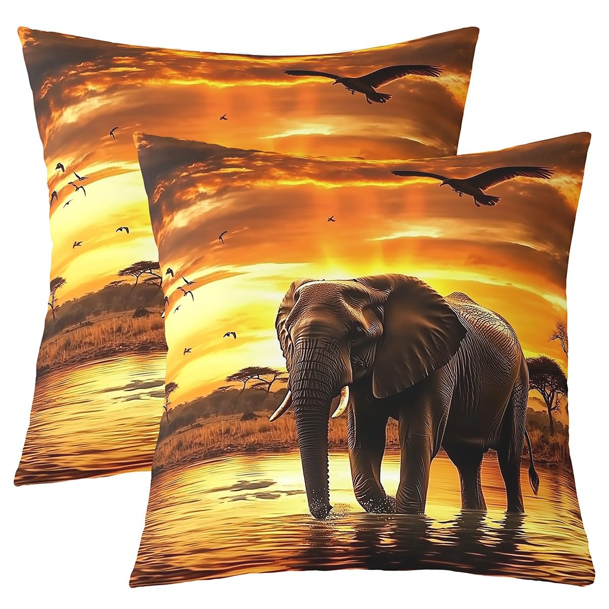 Homewish Kissenbezüge Set von 2 60x60cm 3D Elefant Kissenbezug Wilde Safari Thema Kissenabdeckungen werfen Afrikanischer Elefant Druck Dekorative Kissenbezüge Ästhetische Naturlandschaft