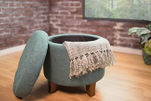 Miniatura 6 de HomePop by Kinfine - Otomana redonda tapizada de tela, otomana con botones y tapa extraíble, tejido verde azulado