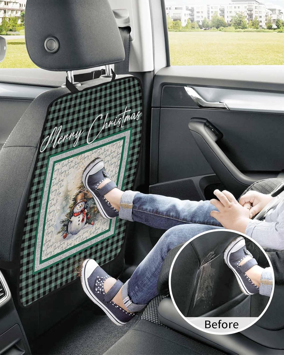 Car Seat Protector, 2 Pack Kick Mats Back Seat Protector Christmas Green Buffalo Plaid Snowman Xmas Tree Forest Waterproof Backseat Cover for Kids Universal Fit Automotive Interior Protectors