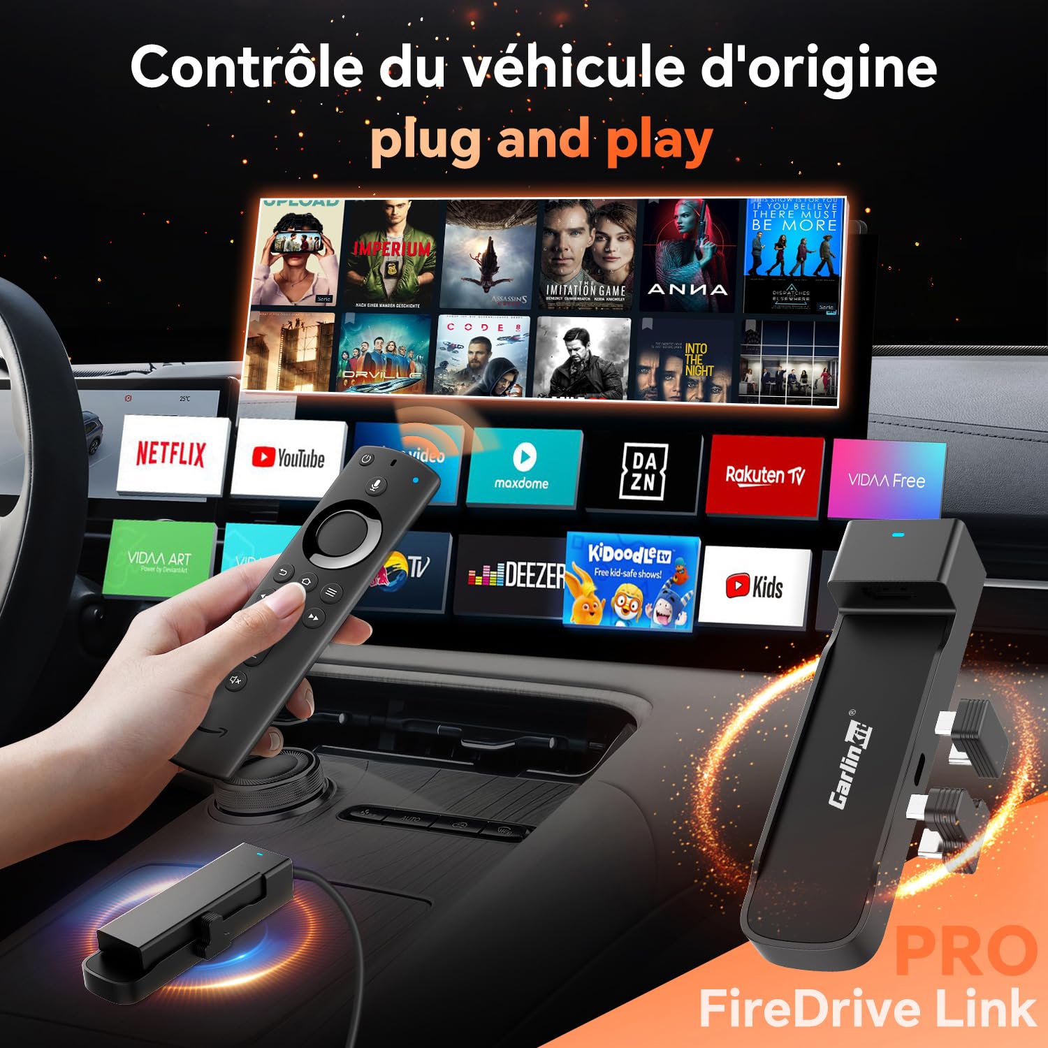 Carlinkit FireDrive Link Pro Adaptateur TV Stick vers CarPlay, convertit CarPlay filaire en HDMI, prend en charge CarPlay sans fil et Android Auto, conserve les commandes OEM et le micro, Plug & Play