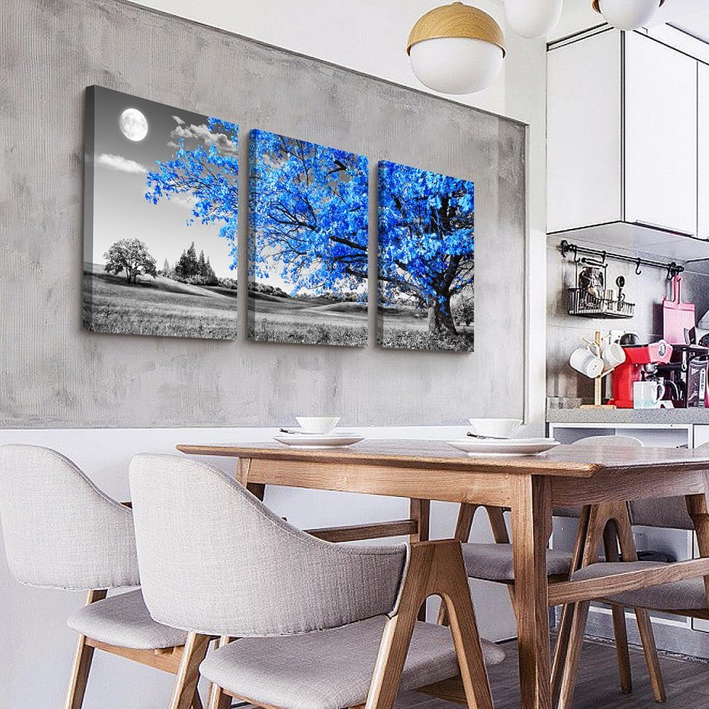 Blue Trees and Moon Landscape Canvas Print Set