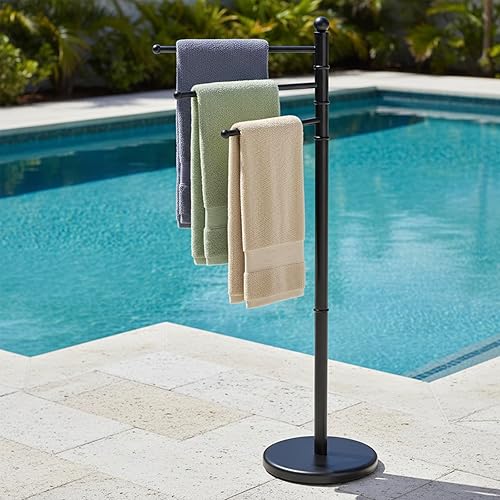 Miniatura 2 de MyGift Toallero de pie para baño, toallero independiente de 40 pulgadas con 3 brazos de barra giratorios, soporte de toalla colgante negro mate