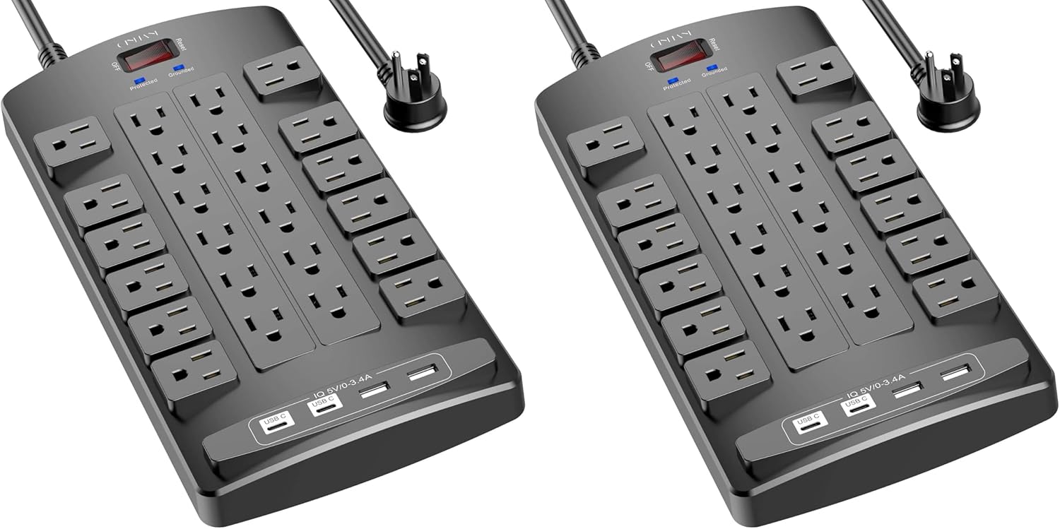 QINLIANF Surge Protector Power Strip - 6Ft Flat Plug Heavy Duty Extension Cord with 24 Outlets and 4 USB Ports(2 USB-C Ports), 1875W/15A, 4100J, for Home, Office, Dorm, ETL Listed, Black (Pack of 2)