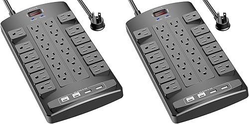 Miniatura 10 de QINLIANF Protector contra sobretensiones Regleta de enchufes - Cable de extensión de servicio pesado con enchufe plano de 6 pies con 24