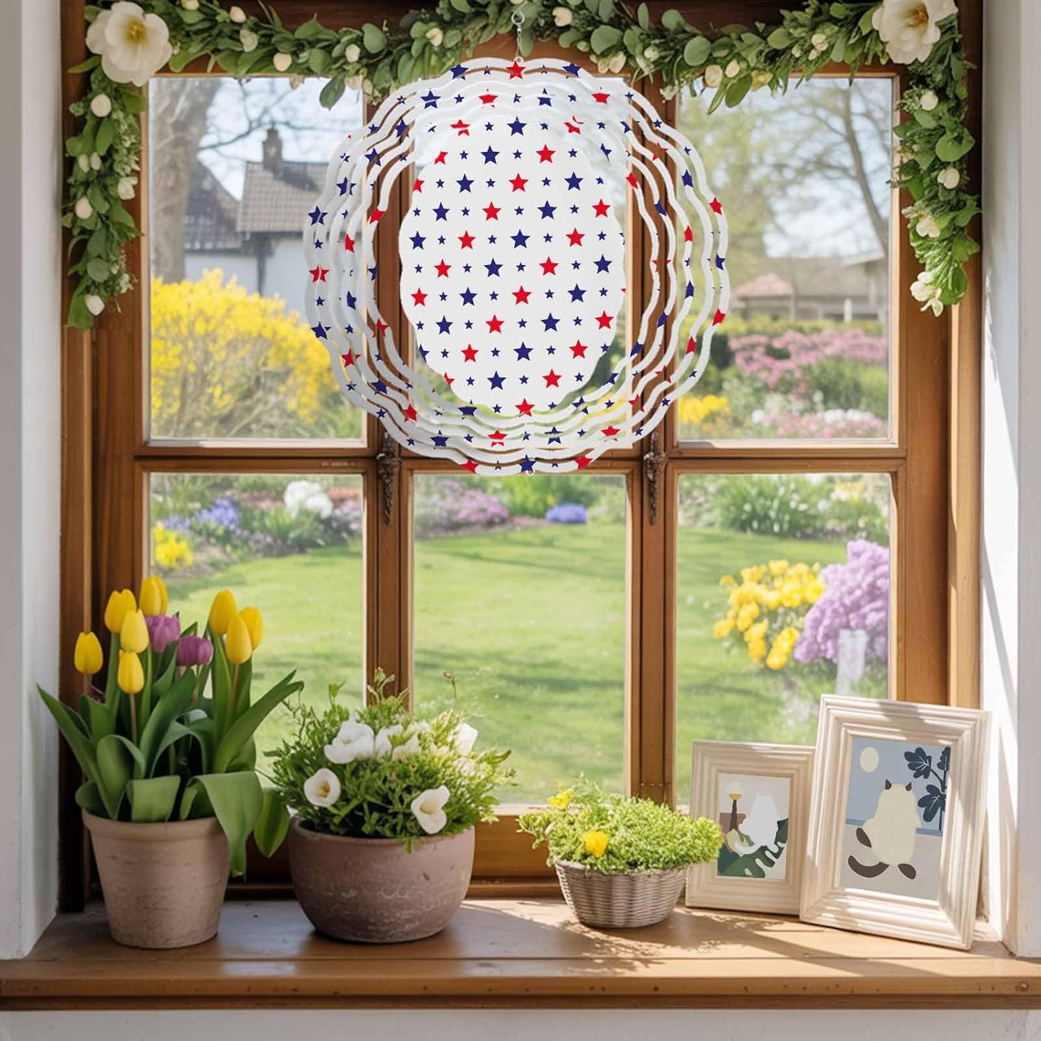 Flag Day Red and Blue Stars on White Wind Spinner for Garden Yard 3D Stainless Steel Hanging Wind Spinners, 4th of July Celebration Spinners Outdoor Metal Decor for Lawn Patio Home