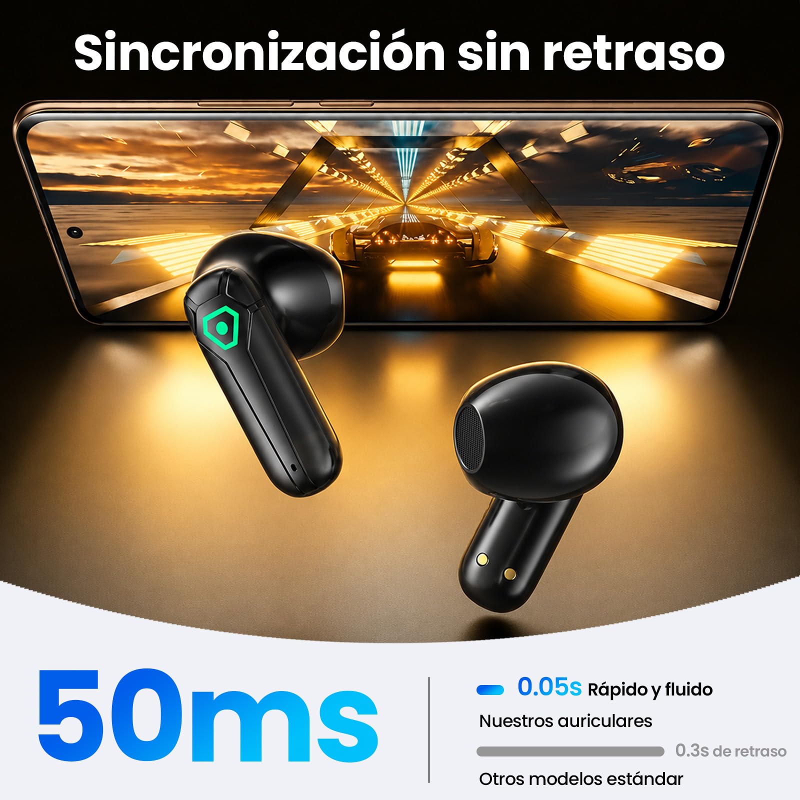 ANCwear Auriculares Bluetooth 5.3 con Modo Juego y Estuche LED | Bluetooth 5.3, drivers de 13 mm, modo juego, 3,5 g, estuche LED, control táctil, USB-C y hasta 20 h