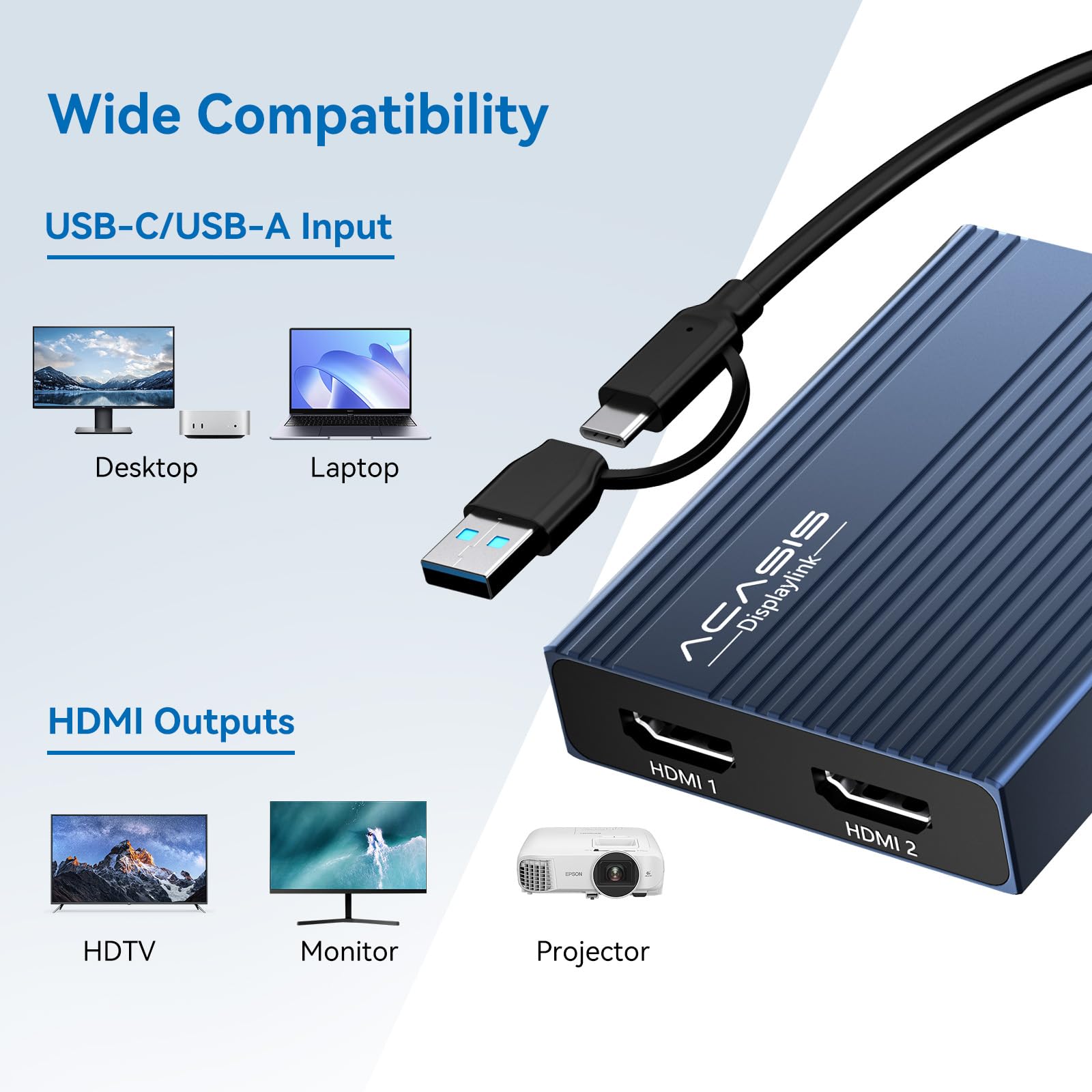 Acasis Adapter USB C na Dual HDMI DisplayLink, 4K 60 Hz, 2 HDMI, 100 W PD Charging, DisplayLink Docking Station for Mac M1/M2/M3/Windows, USB A/C na podwójny monitor