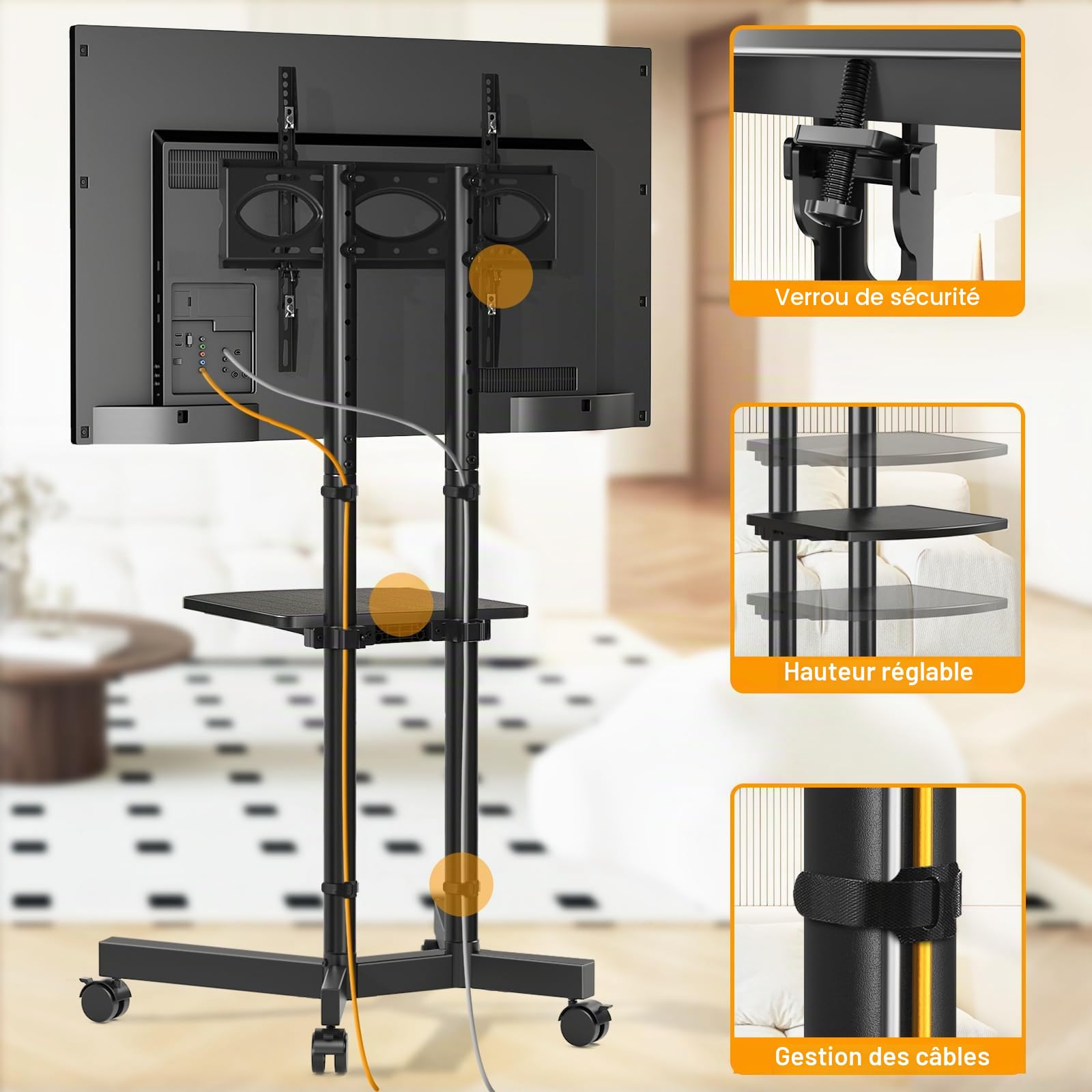 TVON Support TV sur Pied pour Télé de 32 à 75 Pouces, Réglable en Hauteur Support TV roulettes Pied TV avec Etagère Chariot Meuble TV Jusqu 'à 40 kg, Max VESA 400x400mm